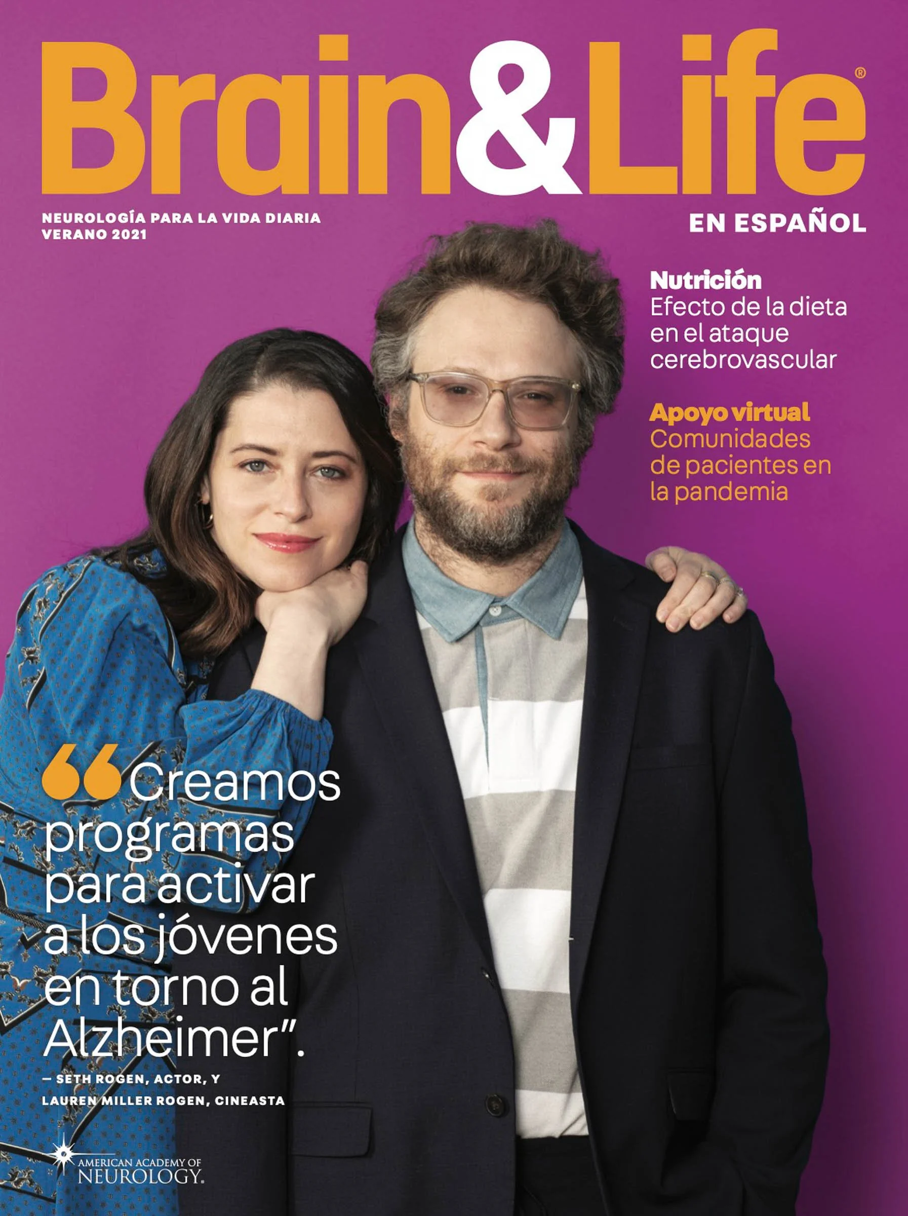 Cover of "Brain & Life" en Español, Verano 2021, featuring a man and woman against a purple background. Headline mentions neurology, nutrition, and community support during the pandemic.