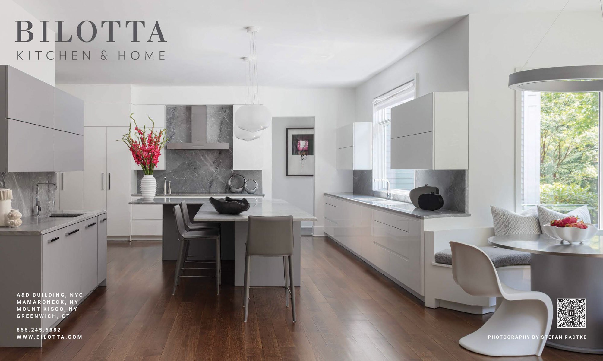 print advertising campaign spread for kitchen designer bilotta modern grey and white kitchen