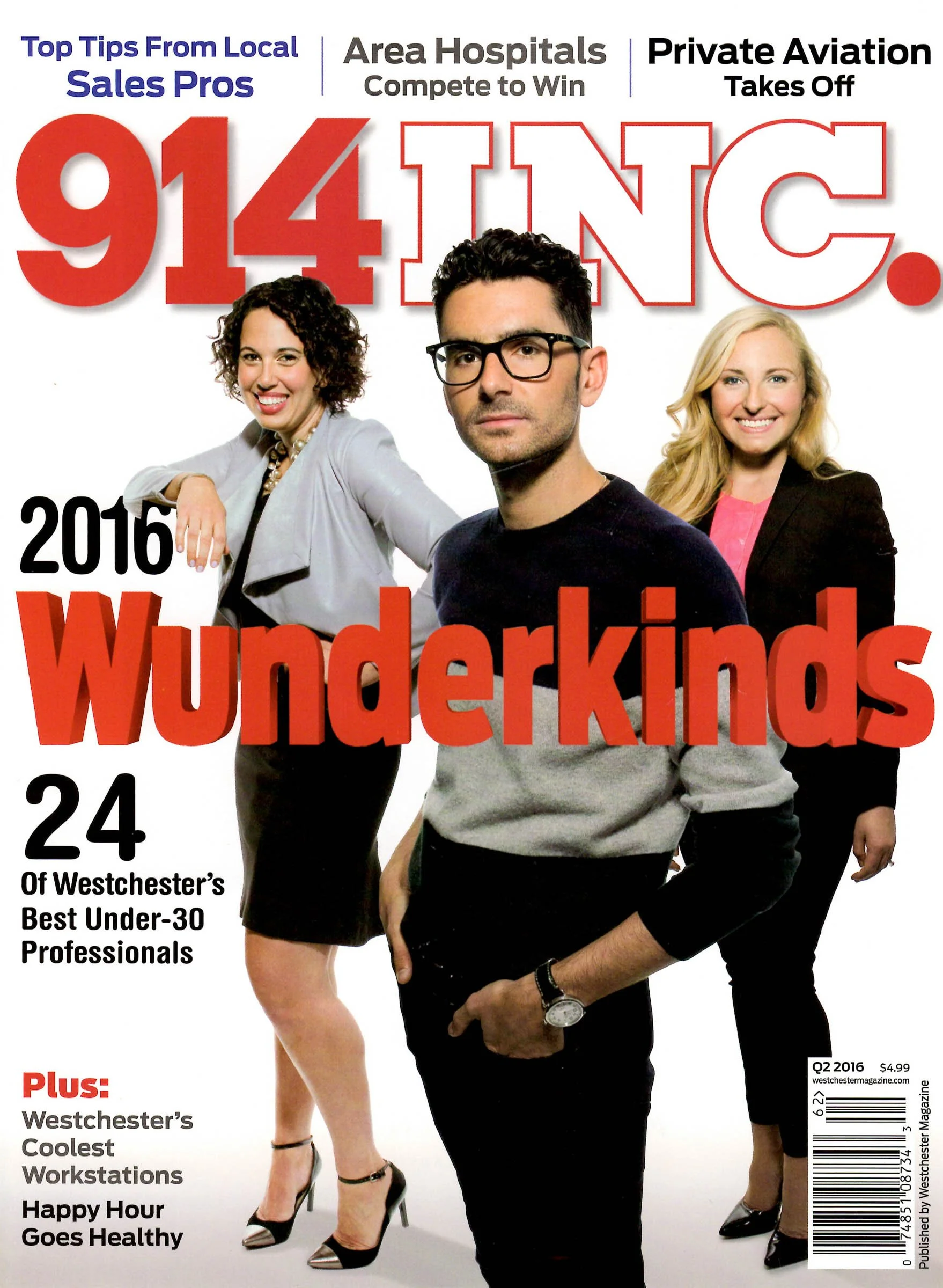 Magazine cover featuring three people with "914 INC." and the title "2016 Wunderkinds" highlighting Westchester's Best Under-30 Professionals.