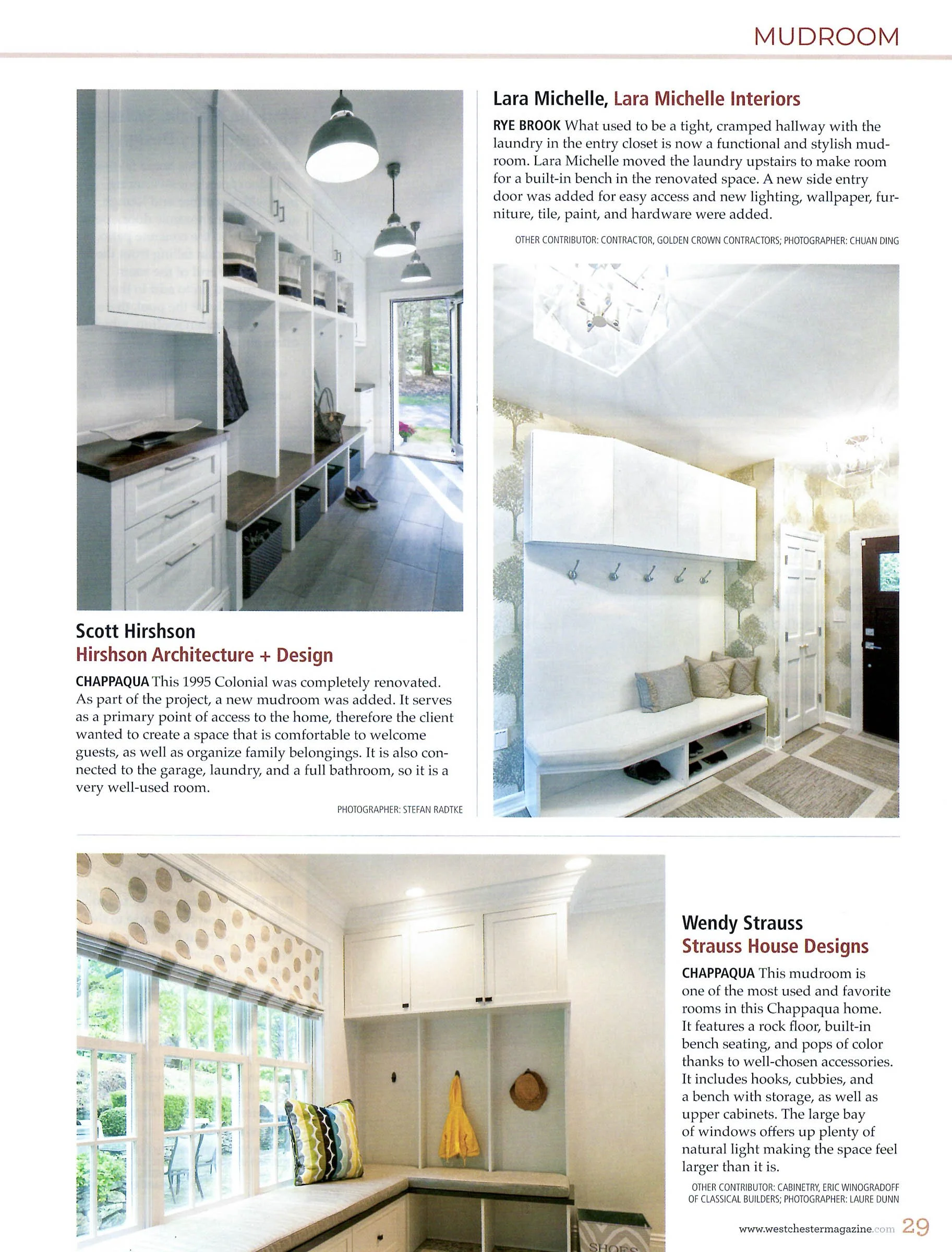 Magazine page featuring mudroom designs by Lara Michelle Interiors, Hirshson Architecture + Design, and Strauss House Designs. Includes photos of organized storage spaces, coat hooks, and bench seating in mudrooms.