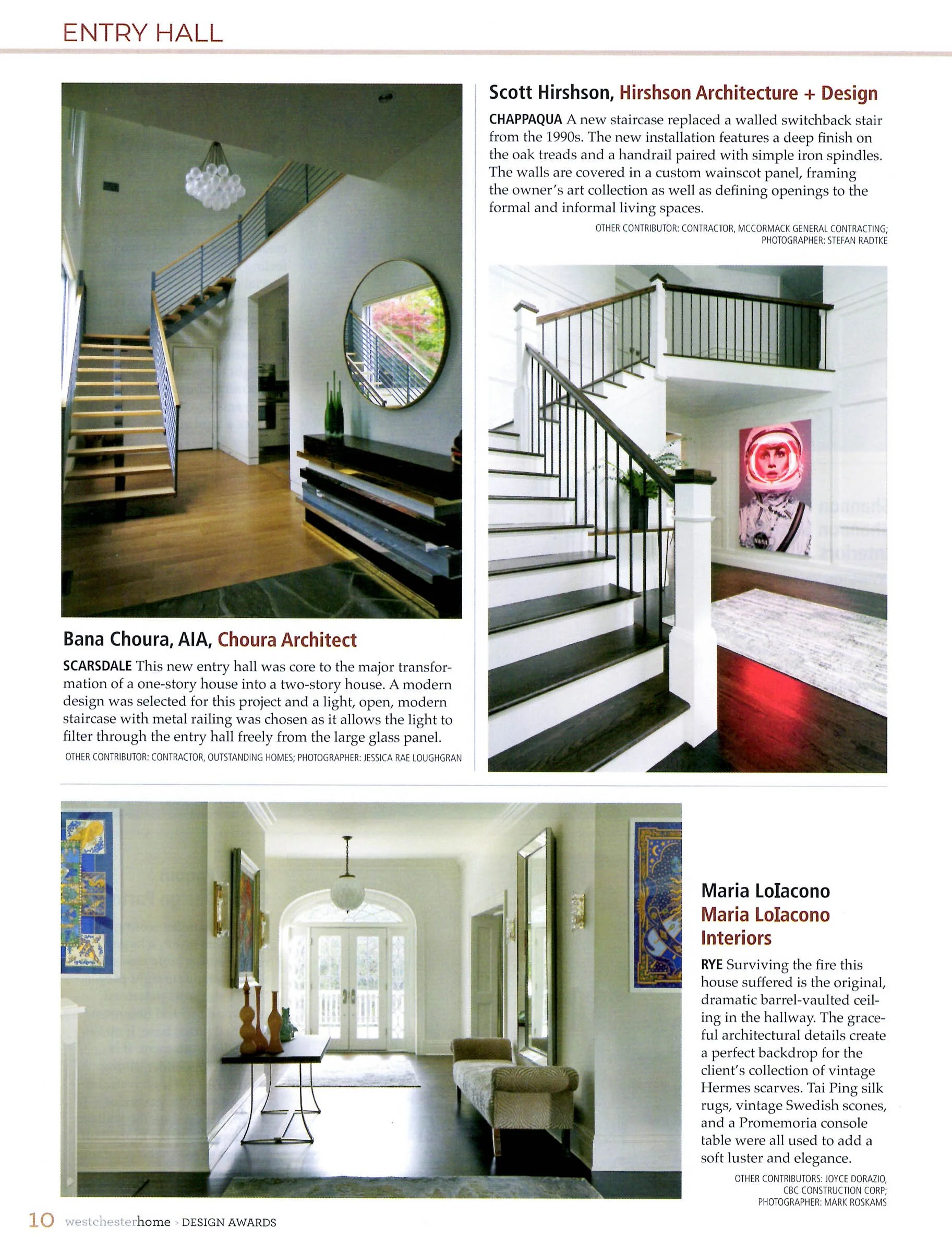 Page layout featuring three modern entry hall designs with images and descriptions, highlighting architectural details and designers.