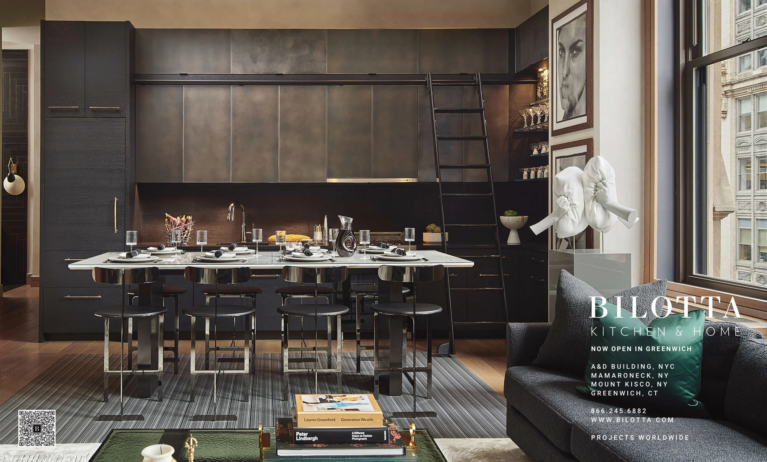 print advertising campaign spread for kitchen designer bilotta modern black and brown metal kitchen