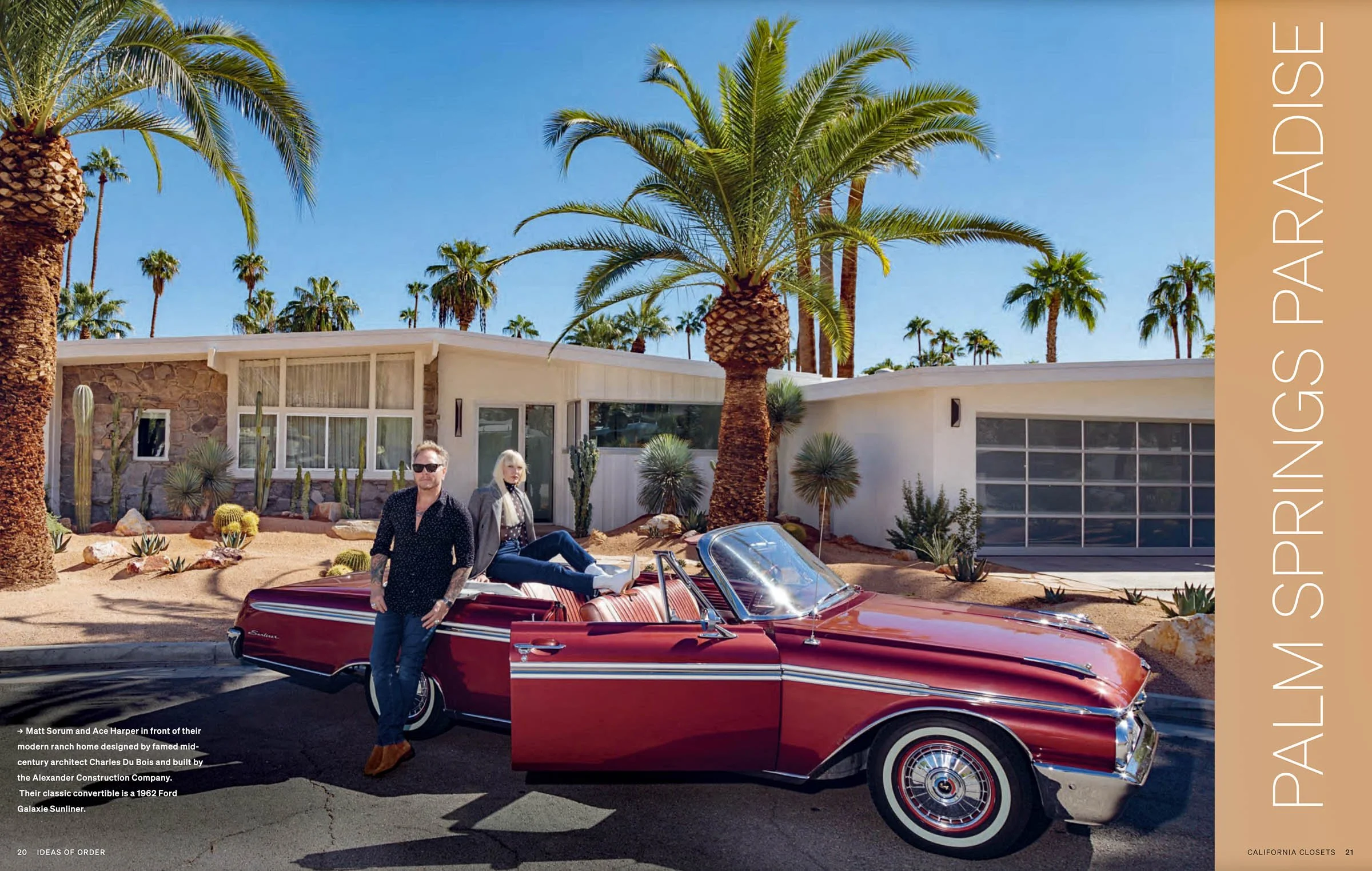 A couple poses with a red classic convertible car in front of a mid-century modern home surrounded by palm trees and desert landscaping in Palm Springs. The image features bright blue skies and is part of a spread titled "Palm Springs Paradise."