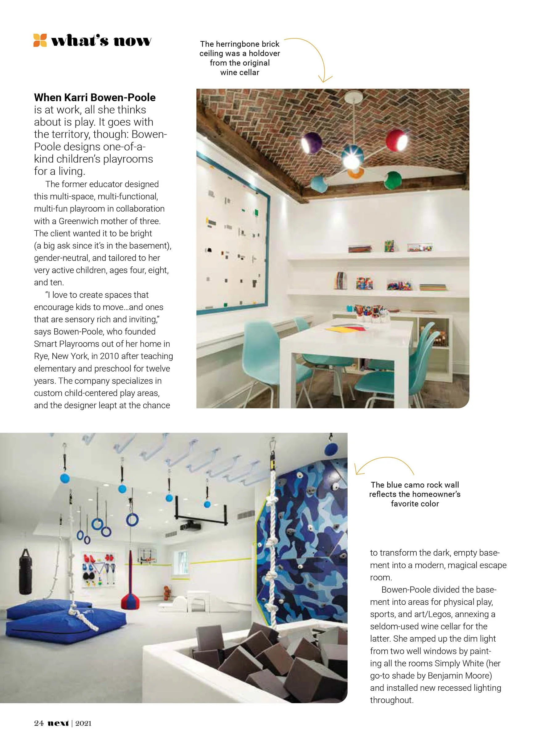Children's playroom with herringbone brick ceiling, colorful decor, activity table, and blue camo rock wall.