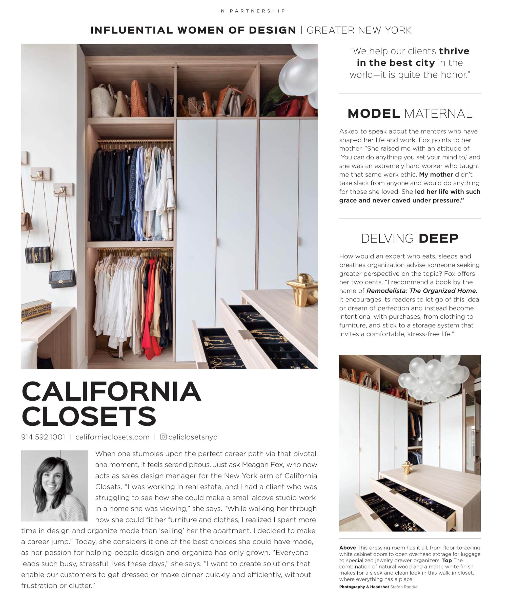 Magazine page featuring an article about Meagan Fox from California Closets, with a large photograph of a well-organized closet and a portrait of Meagan Fox.