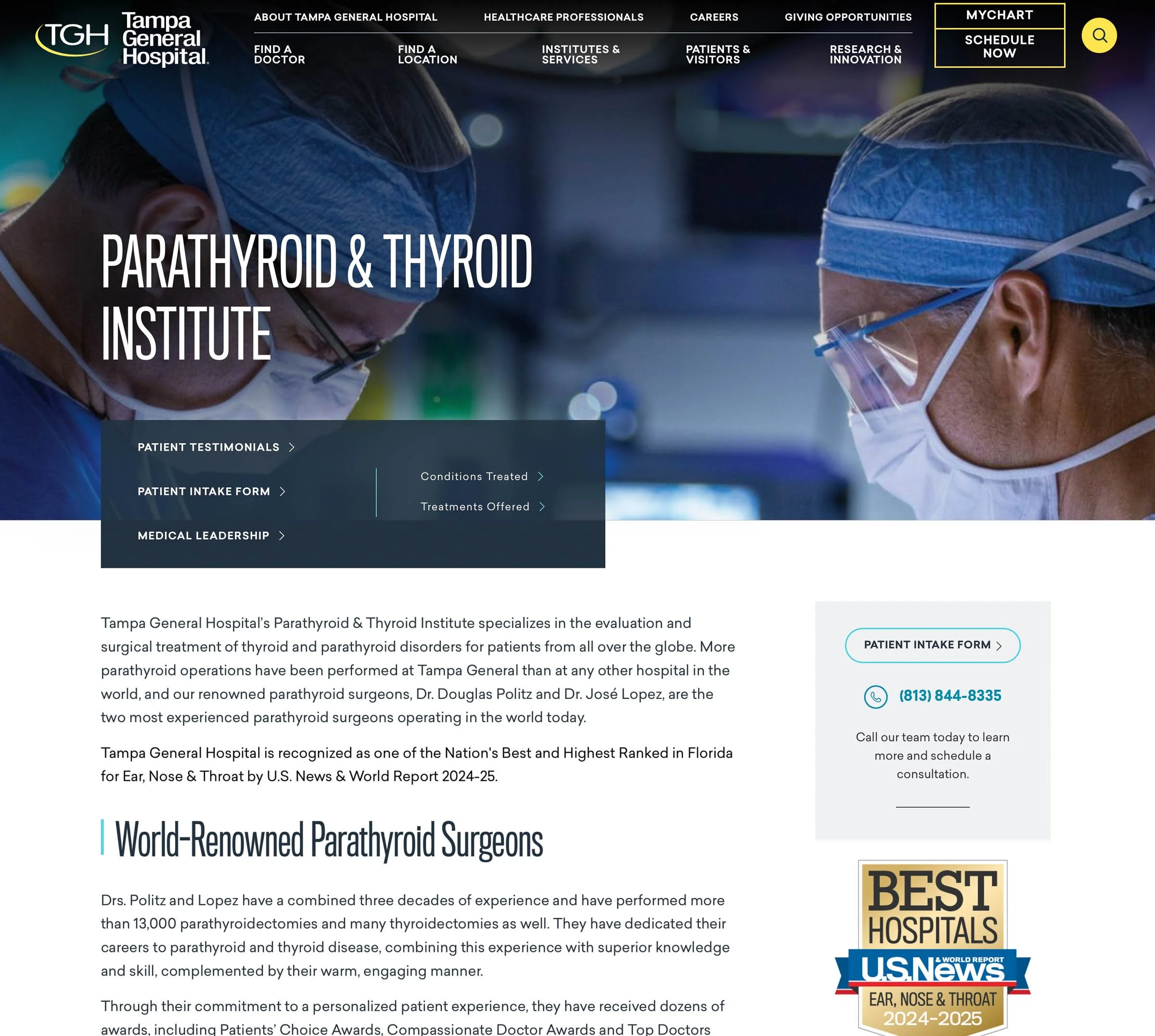 Tampa General Hospital Parathyroid & Thyroid Institute webpage with a medical professional wearing a mask and cap. The page includes details about the institute, patient testimonials, intake form, and contact information. It highlights renowned surge