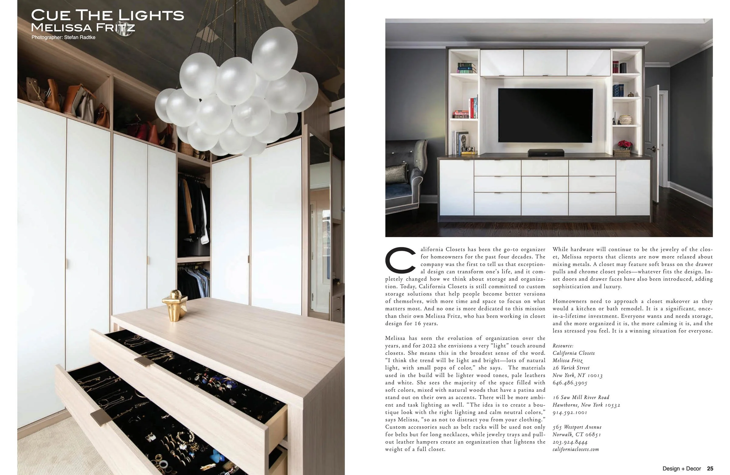 Magazine spread featuring a closet interior design by Melissa Fritz, with a chandelier of white balloons and a closet with organized shelving and drawers.