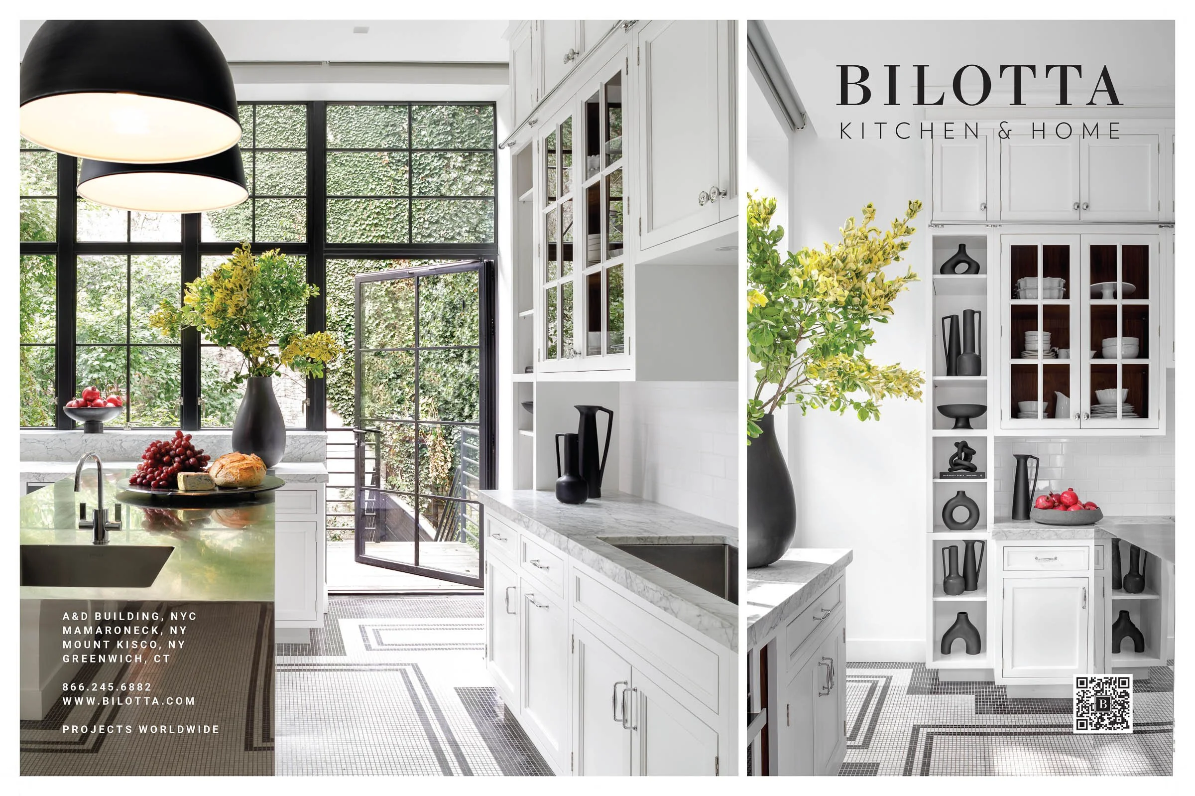 Interior view of a modern kitchen featuring large windows, white cabinetry, and a marble countertop. The space is decorated with fruits, bread, and vases with greenery. "Bilotta Kitchen & Home" text is displayed, with contact information and a QR cod