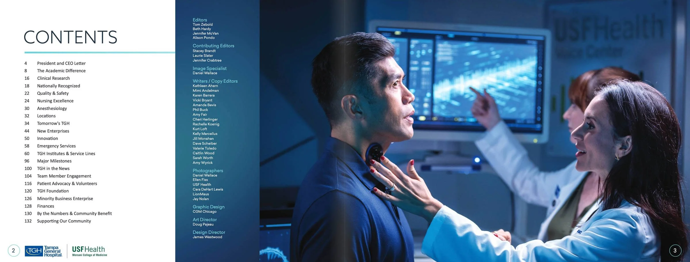 A magazine spread featuring a table of contents on the left, listing topics like clinical research and quality & safety, and an image of a medical examination on the right with healthcare professionals and a screen displaying medical data. Logos of T