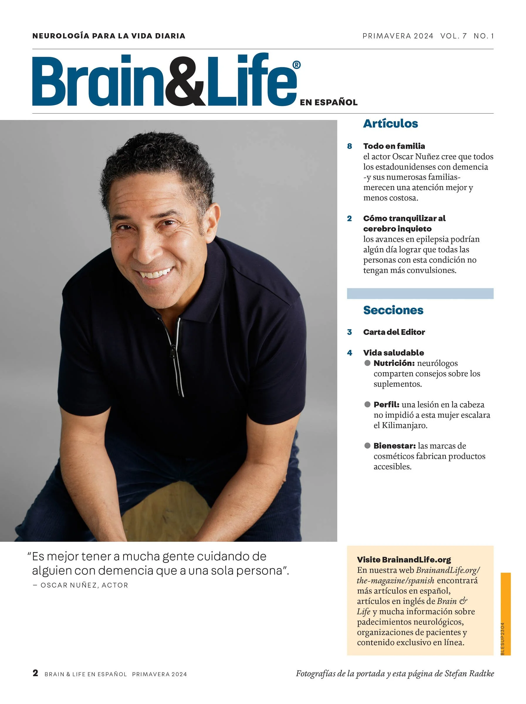 Magazine cover in Spanish featuring a smiling man on "Brain & Life" with articles on dementia and epilepsy, Spring 2024 issue.