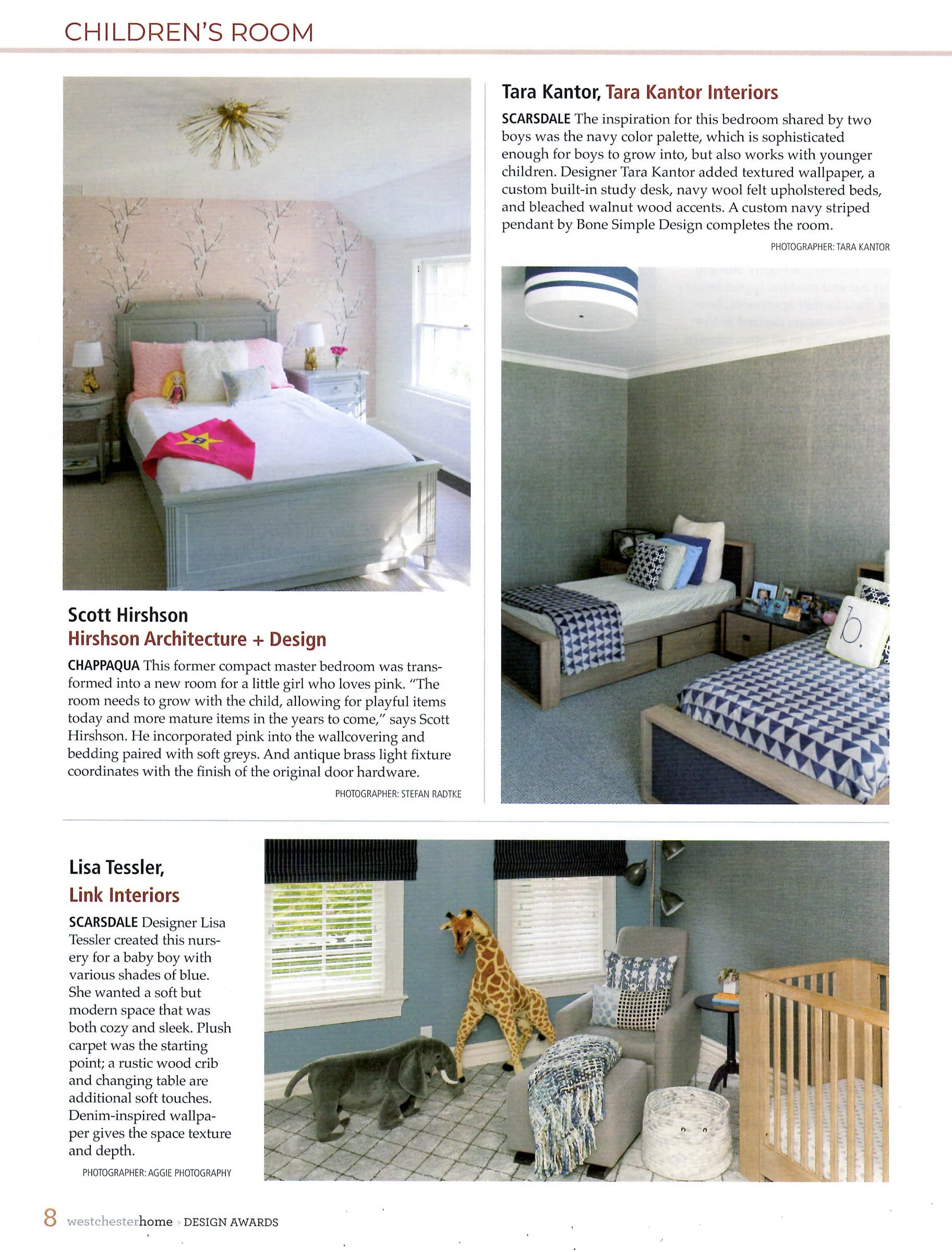 Interior design examples of children's rooms by different designers, featuring various styles and color schemes. Includes a bedroom with pink and gray tones, a room with a sophisticated navy palette, and a nursery with animal decor and neutral hues. 