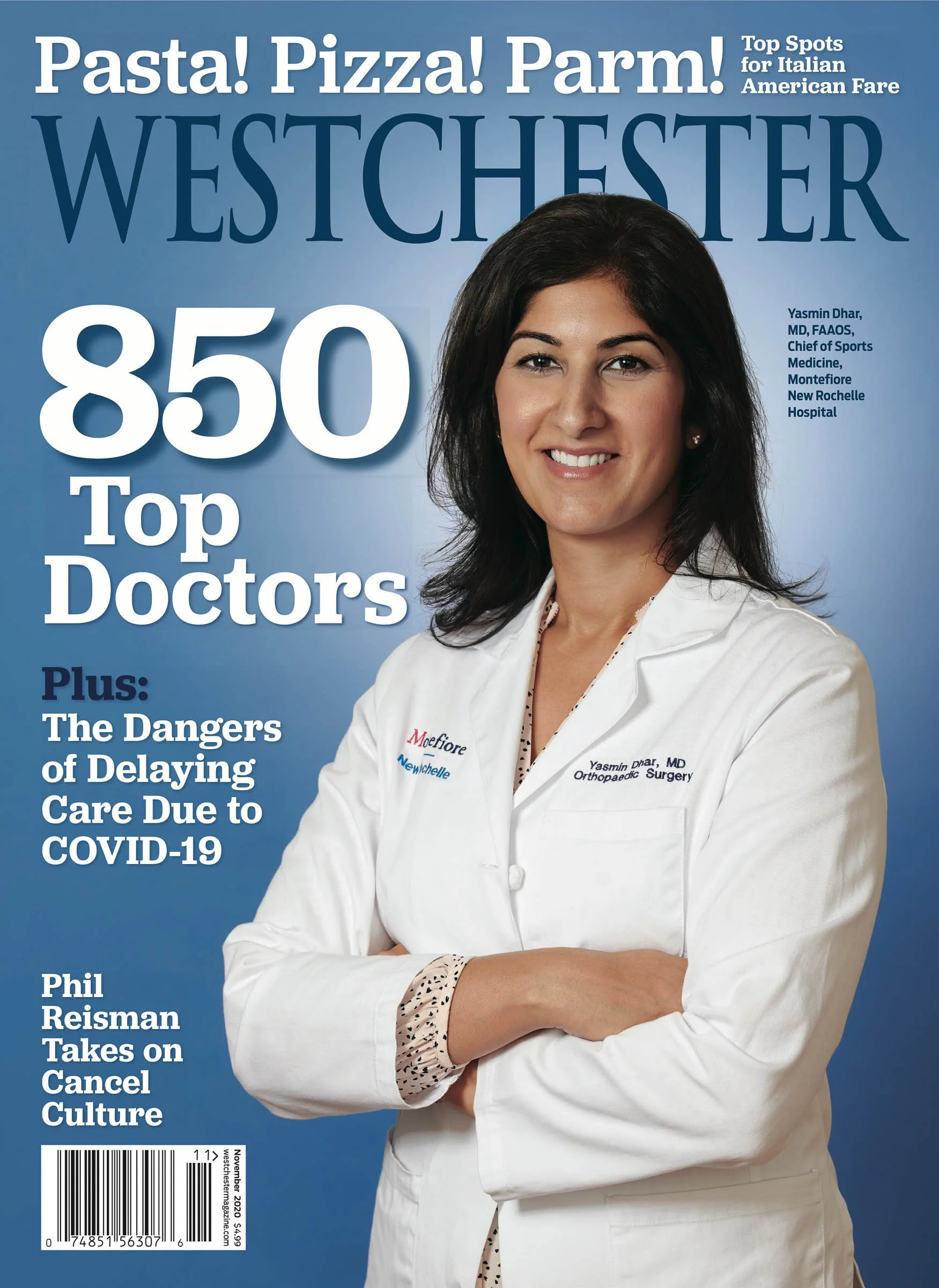 Magazine cover featuring a woman in a white lab coat with "Westchester" title. Text highlights 850 top doctors, COVID-19 care delays, and Italian American fare spots. November 2020 issue.