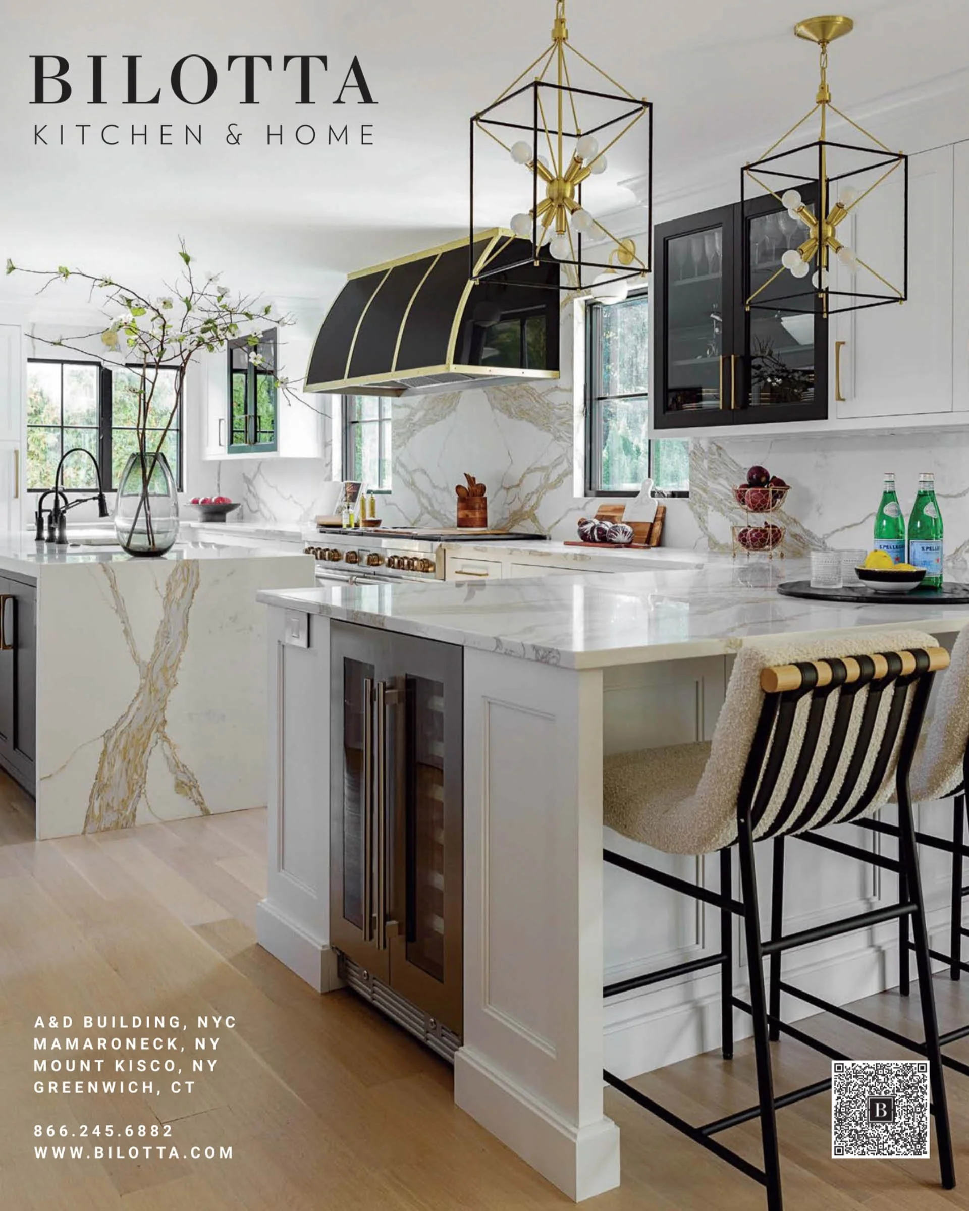 Modern kitchen design with marble countertops, black and gold pendant lights, and a decorative range hood. Features include a kitchen island with bar stools, glass-front cabinets, and a potted plant on the counter.
