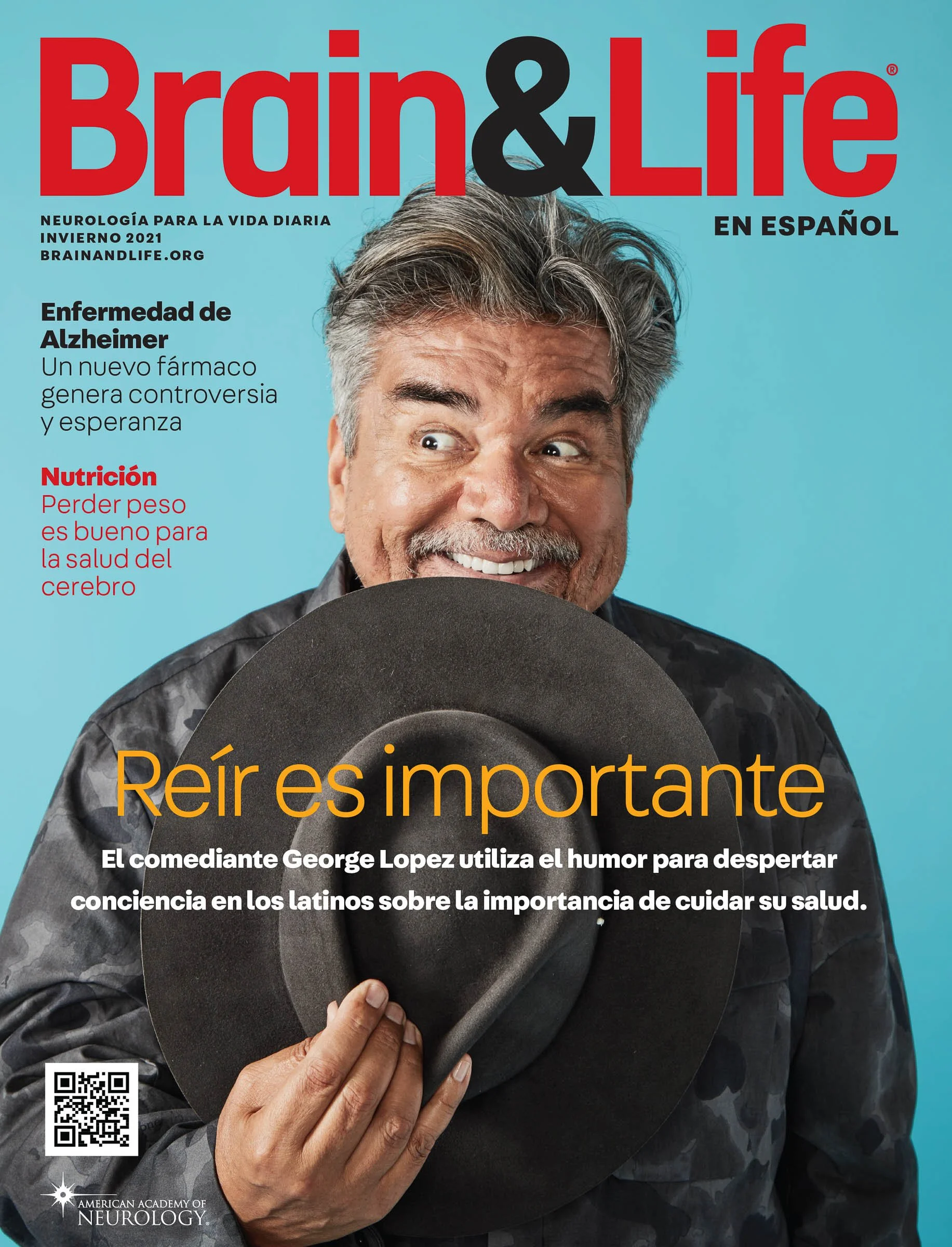 Cover of Brain & Life magazine in Spanish featuring a smiling man holding a hat in front of his face. Text discusses Alzheimer's disease and the importance of laughter in health.