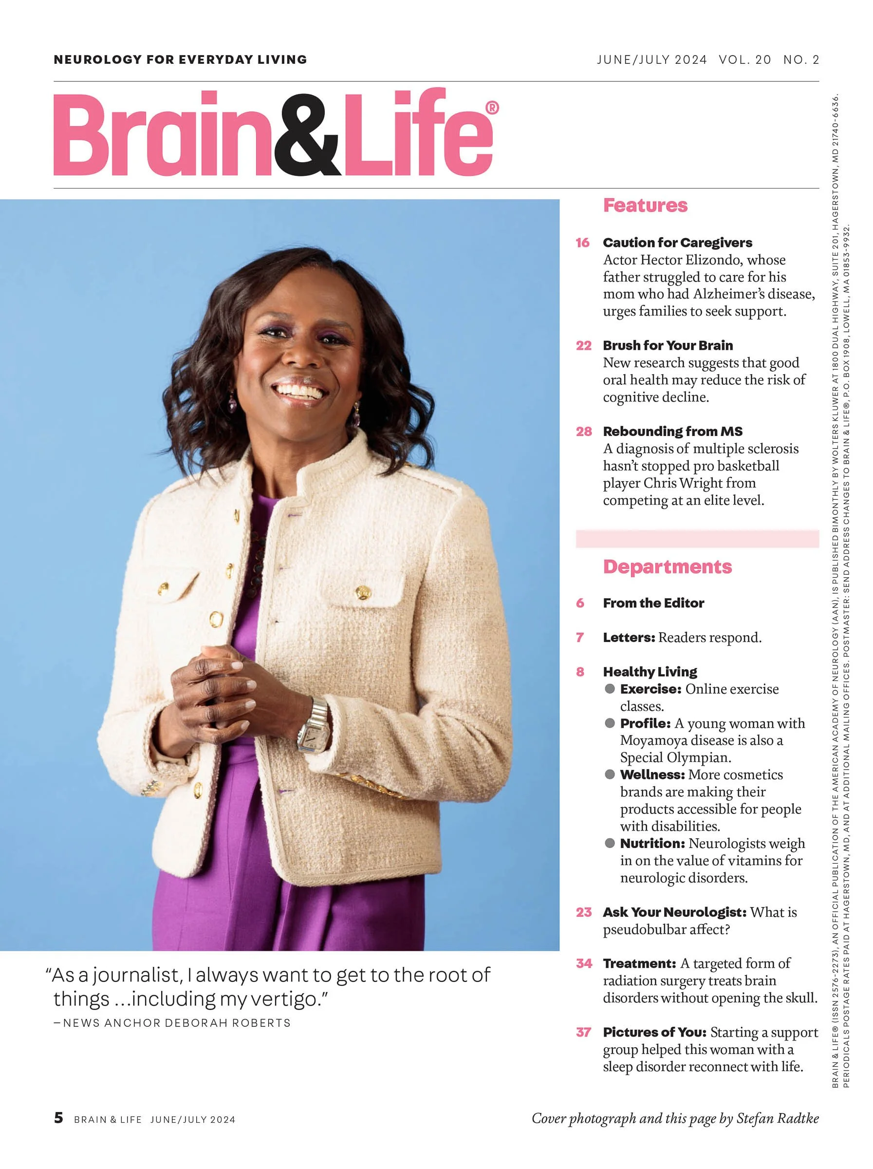 Magazine cover featuring "Brain & Life" June/July 2024 issue, with a smiling woman wearing a cream-colored jacket over a purple top against a blue background. Featured articles include topics on caregiving, oral health, multiple sclerosis, and a prof