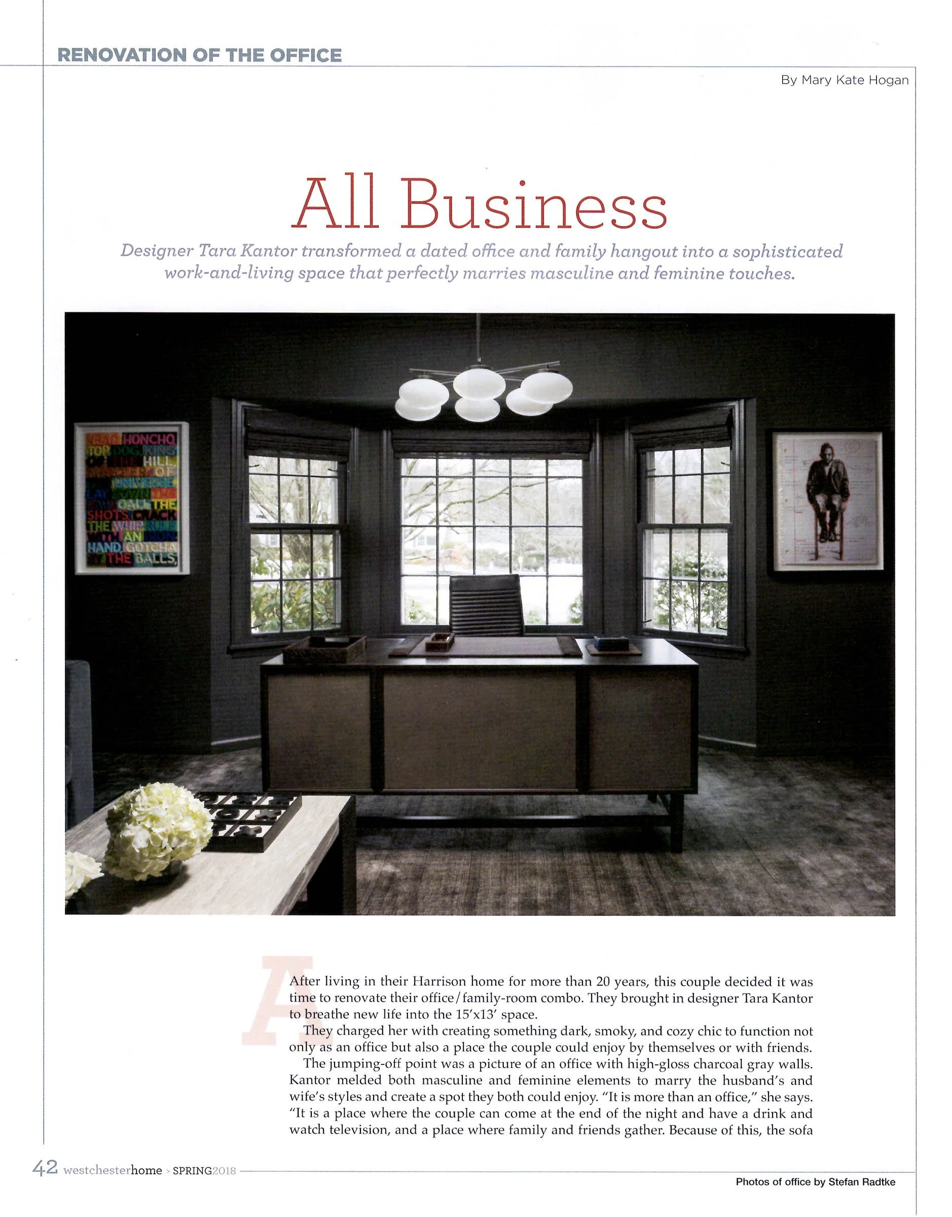 Interior design magazine page featuring a renovated office and family room with large windows, modern lighting, and posters on the walls. Text discusses the transformation by designer Tara Kantor, combining masculine and feminine styles.
