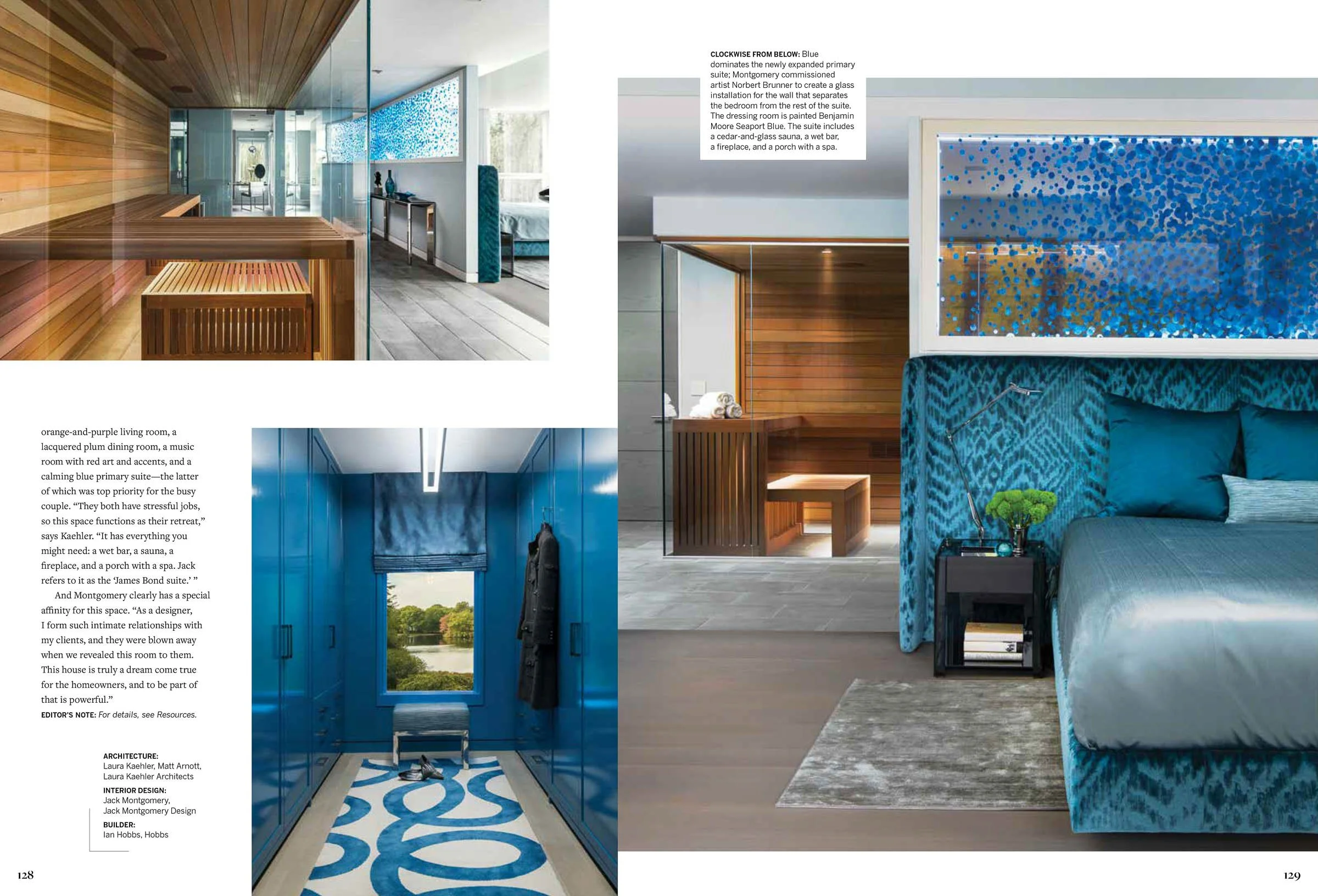 Interior design featuring a modern and luxurious primary suite with blue-themed decor. Includes a wooden sauna, large bed with blue and teal accents, patterned rug, glass installation, and a hallway with blue cabinetry. Architectural details are visi