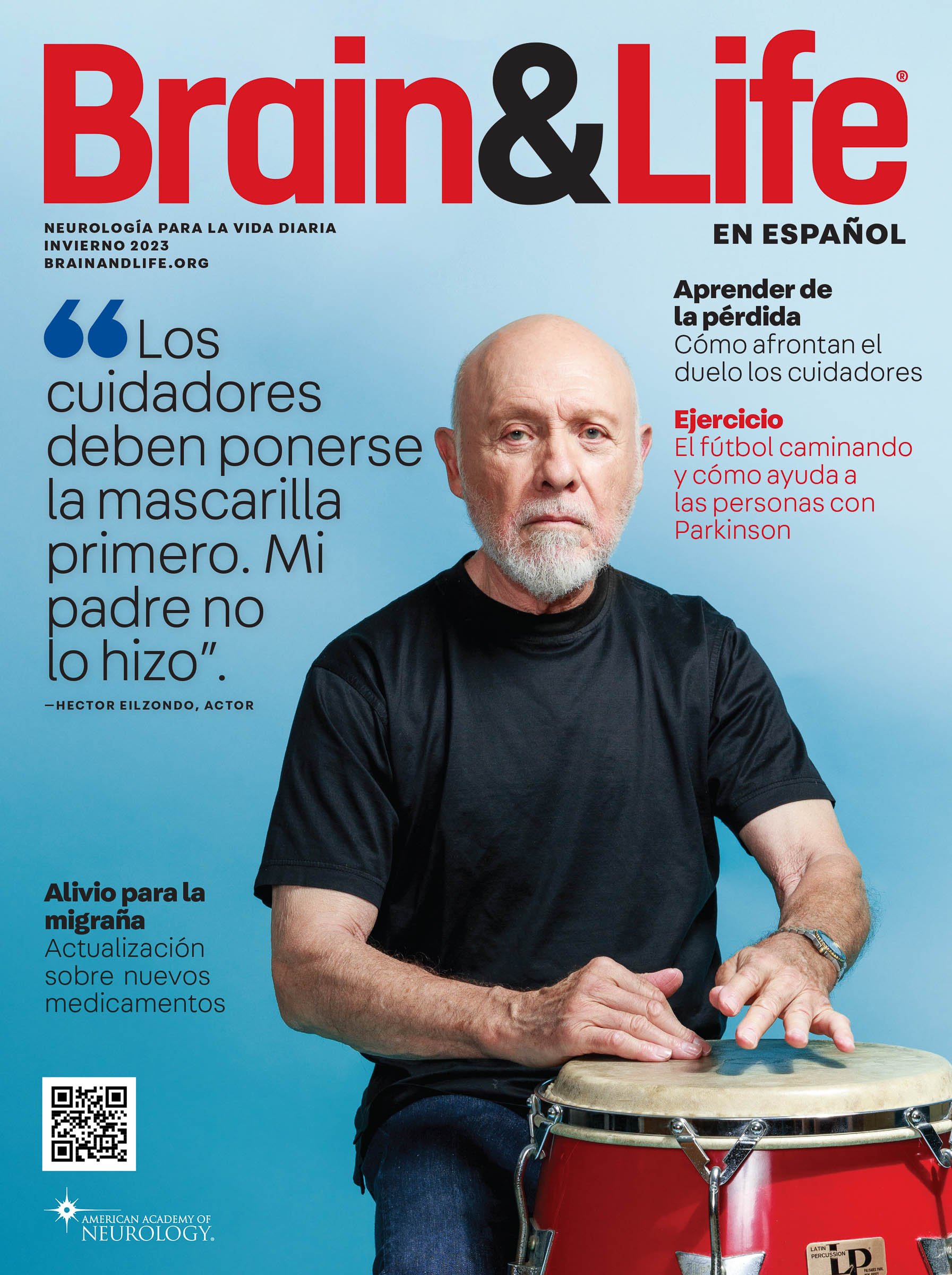 Cover of "Brain & Life" magazine in Spanish, Winter 2023, featuring a man playing a conga drum, with articles on grief management, exercise, and migraine relief.