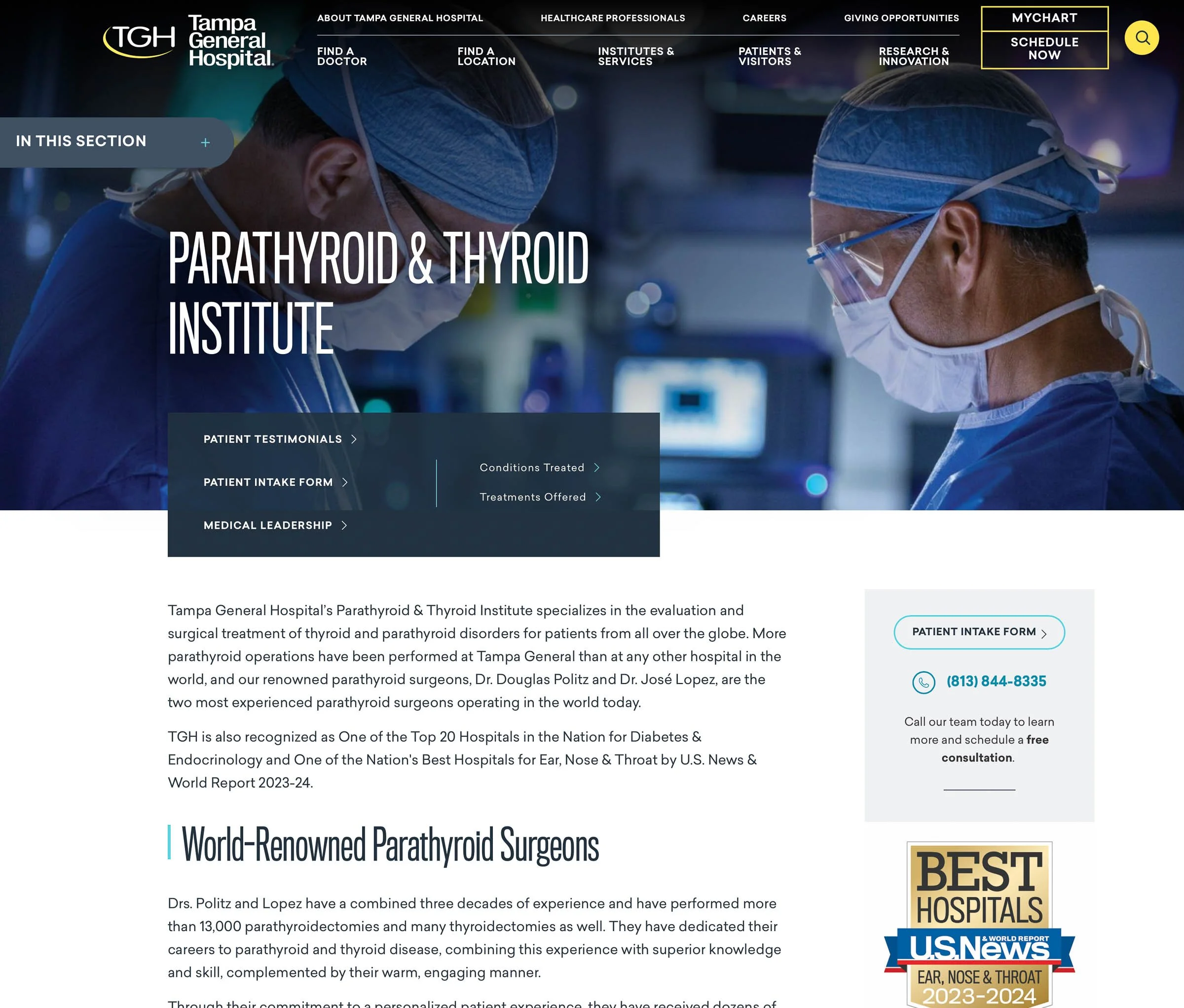 Web page of Tampa General Hospital's Parathyroid & Thyroid Institute featuring surgeon in the background, contact details, accolades, and information about services and renowned surgeons.