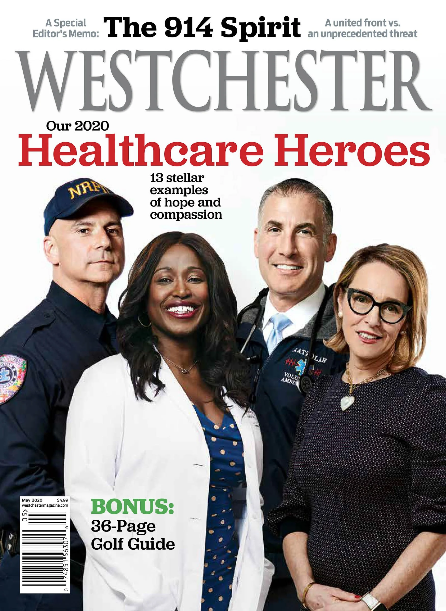 Westchester Magazine cover featuring four healthcare professionals labeled as 2020 Healthcare Heroes. The headline highlights "13 stellar examples of hope and compassion" with a bonus 36-page golf guide. Issue date is May 2020.