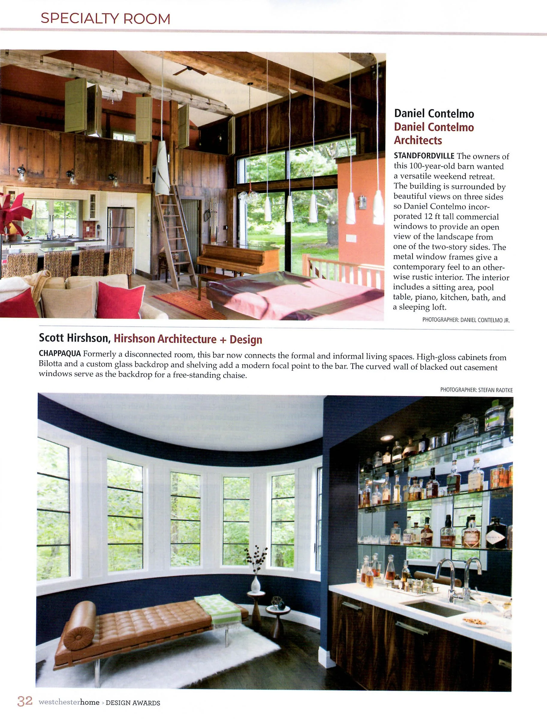 Magazine page featuring architectural designs for a specialty room by Daniel Contelmo Architects and Scott Hirshon. Includes images of a rustic interior with wooden beams, large windows, piano, pool table, and a modern bar area with bottles on displa
