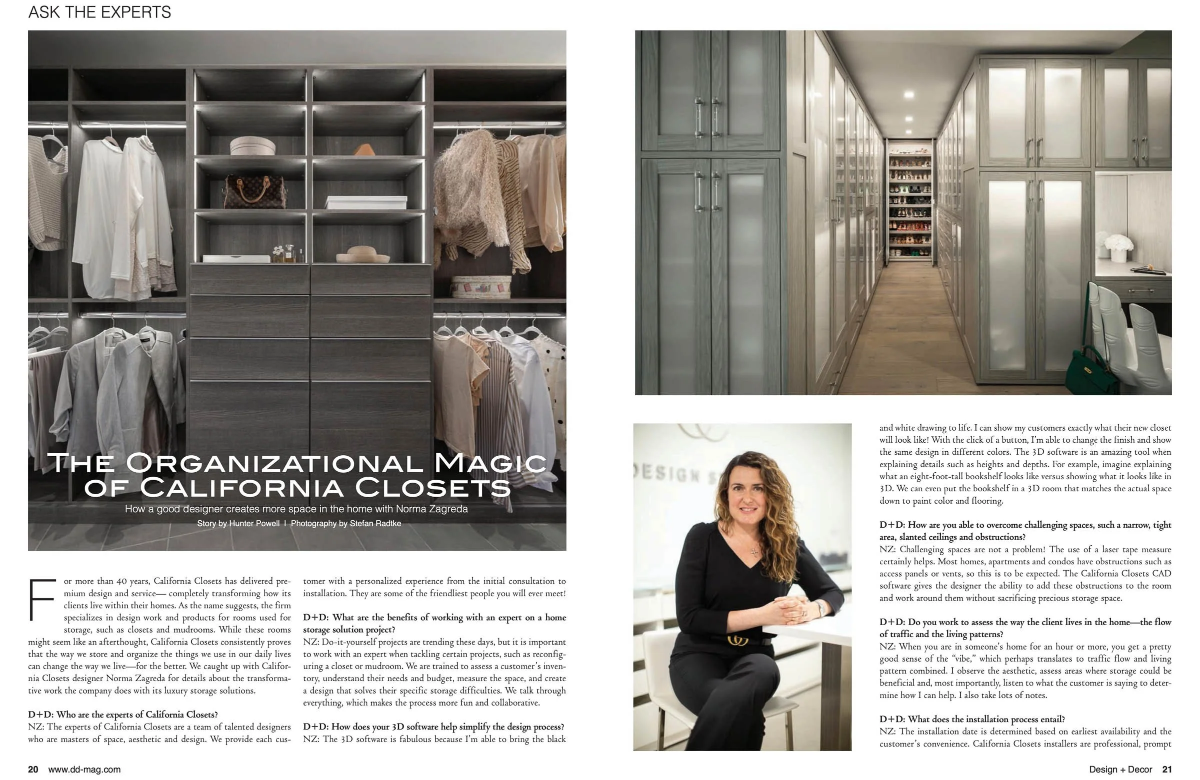Magazine spread featuring an organized closet system with hanging clothes and shelves; woman seated in a chair; text about California Closets and design process; headline: 'The Organizational Magic of California Closets.'