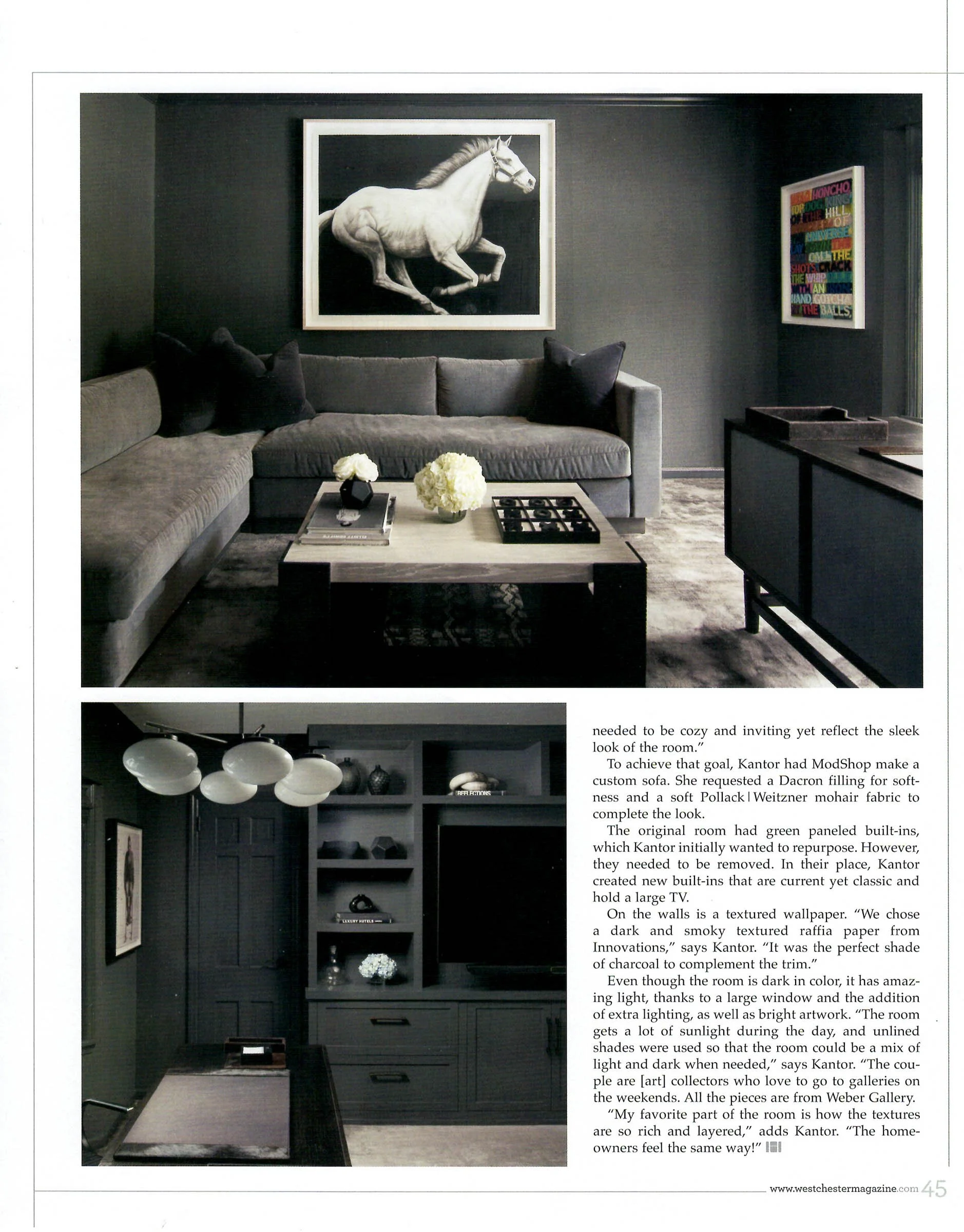 Contemporary living room with gray L-shaped sofa, white horse artwork on the wall, square coffee table with flowers, and minimalist shelves with decor items.