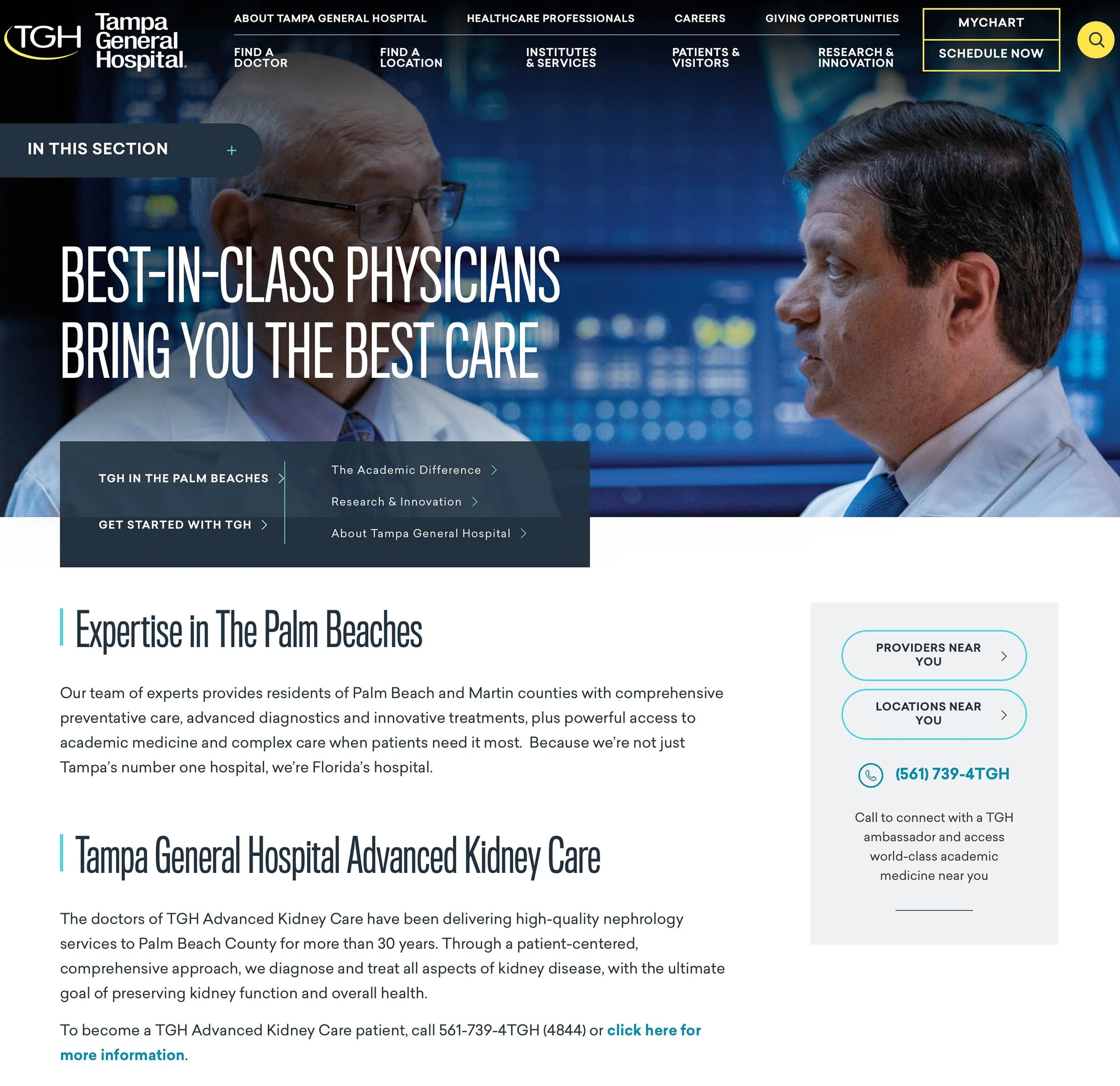 Website homepage for Tampa General Hospital promoting expertise in Palm Beach area. Features two doctors, menu for locations and services, and information on advanced kidney care.