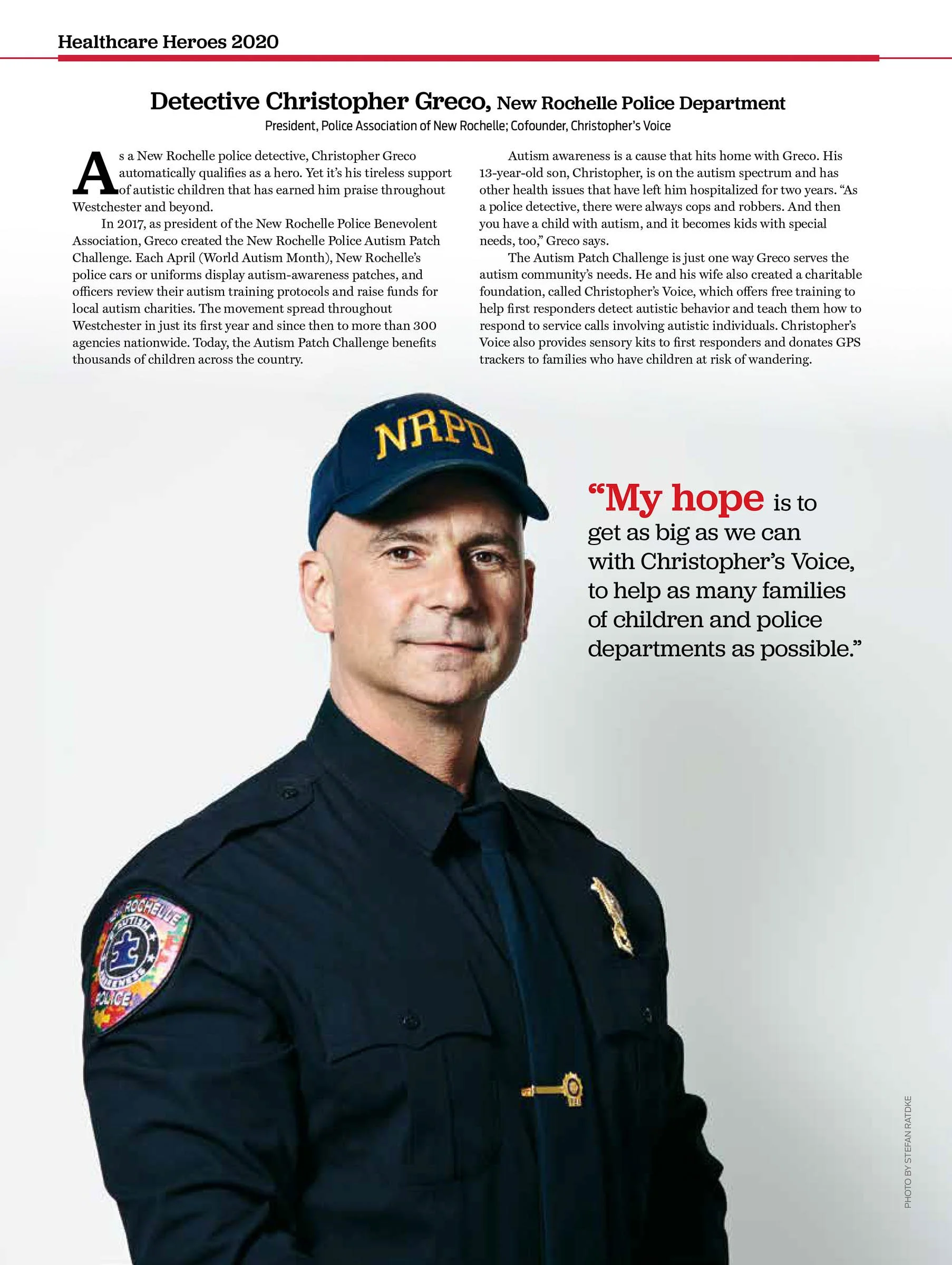 A police officer in uniform with the NRPD logo poses for a profile in Healthcare Heroes 2020, featuring text about his advocacy for autistic children and the Autism Patch Challenge.