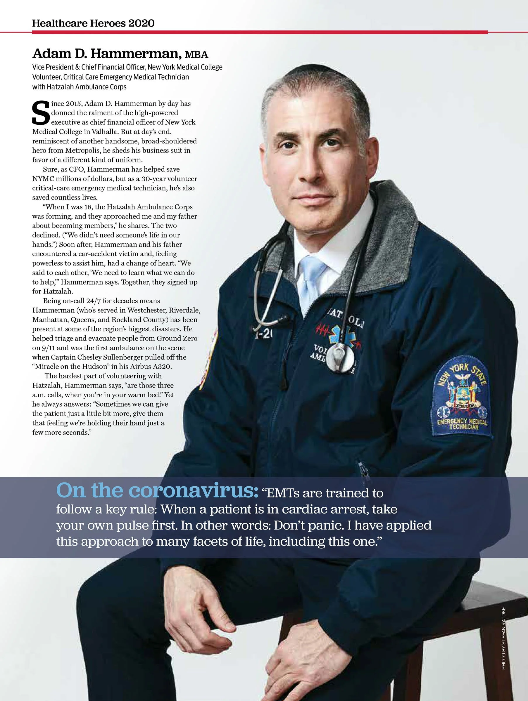 Healthcare Heroes 2020 feature about Adam D. Hamerman, MBA, Vice President and CFO at New York Medical College, and volunteer EMT. Descriptive text discusses his career and contributions, including his role with the Hatzalah Ambulance Corps. He is po