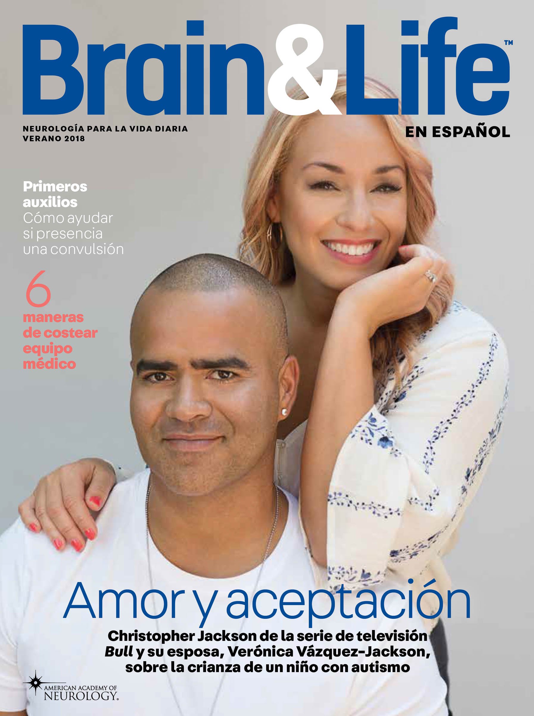 Cover of Brain & Life en español magazine, Summer 2018, featuring a smiling couple on the cover. Spanish text includes "Amor y aceptación" and information on first aid for seizures and medical equipment costs.
