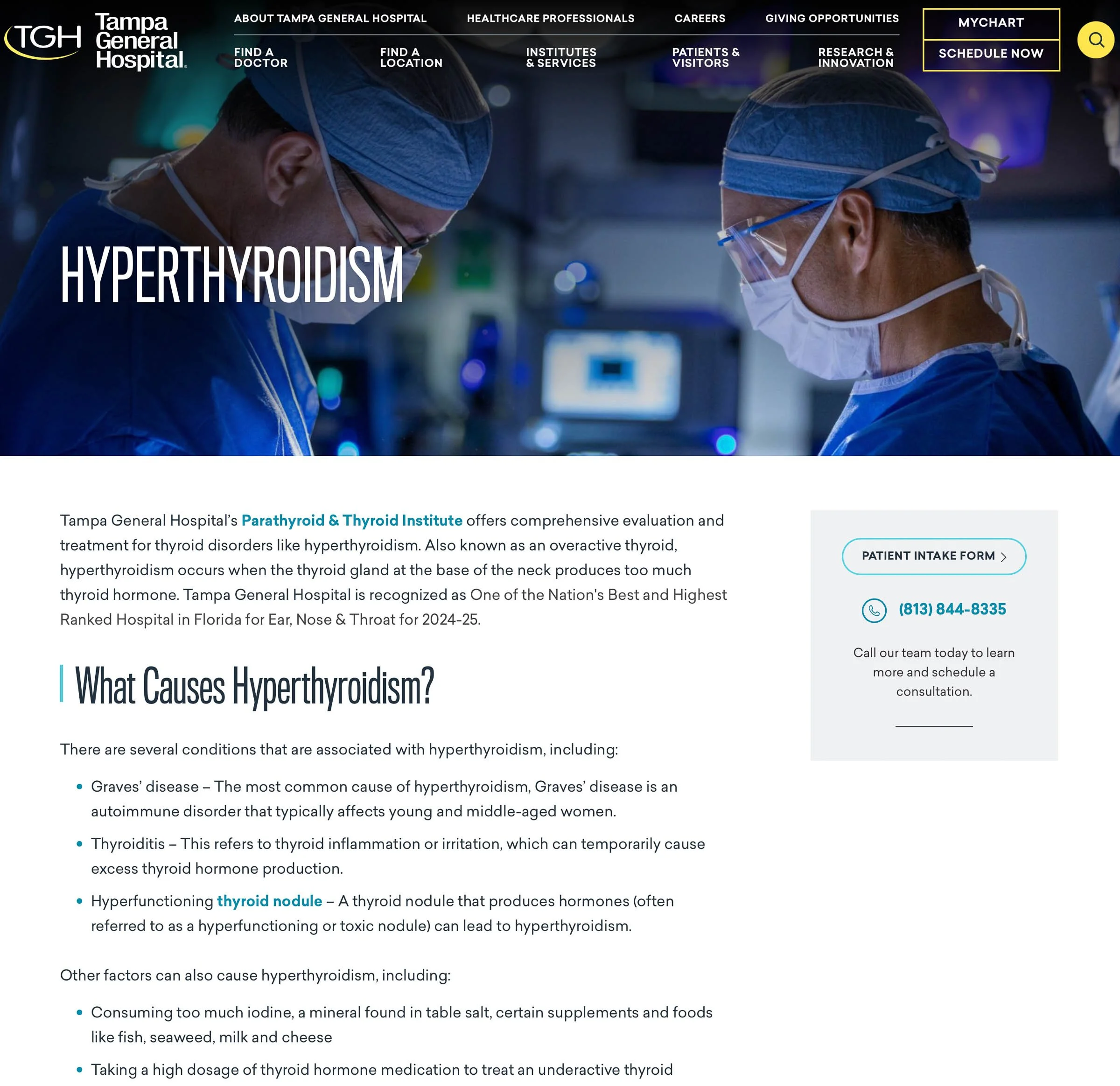 Doctors in surgical attire performing a surgical procedure, with text about hyperthyroidism at Tampa General Hospital's Parathyroid & Thyroid Institute, including causes of hyperthyroidism such as Graves' disease and thyroiditis. Contact information 