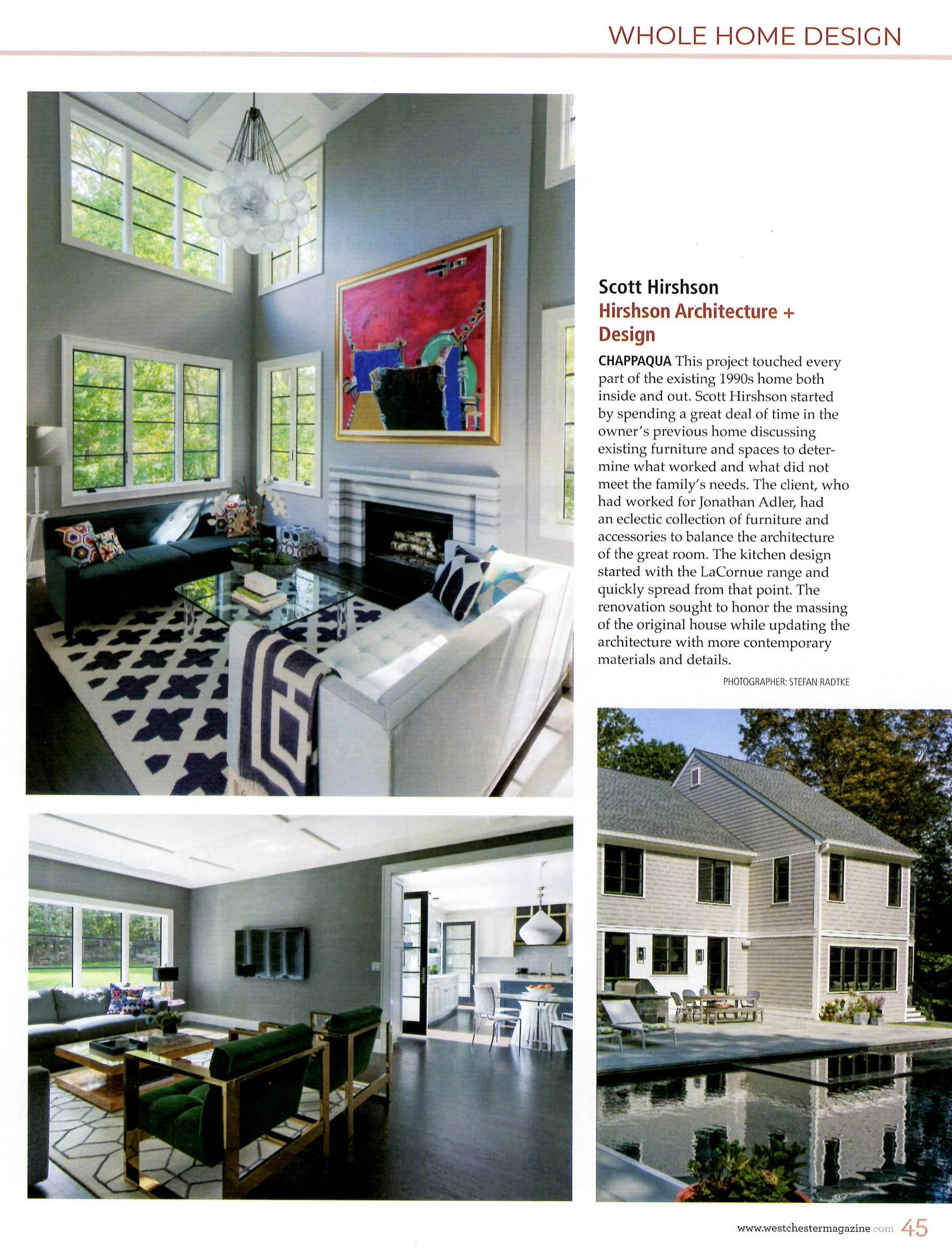 Magazine page featuring a modern home design with large living room and outdoor pool.