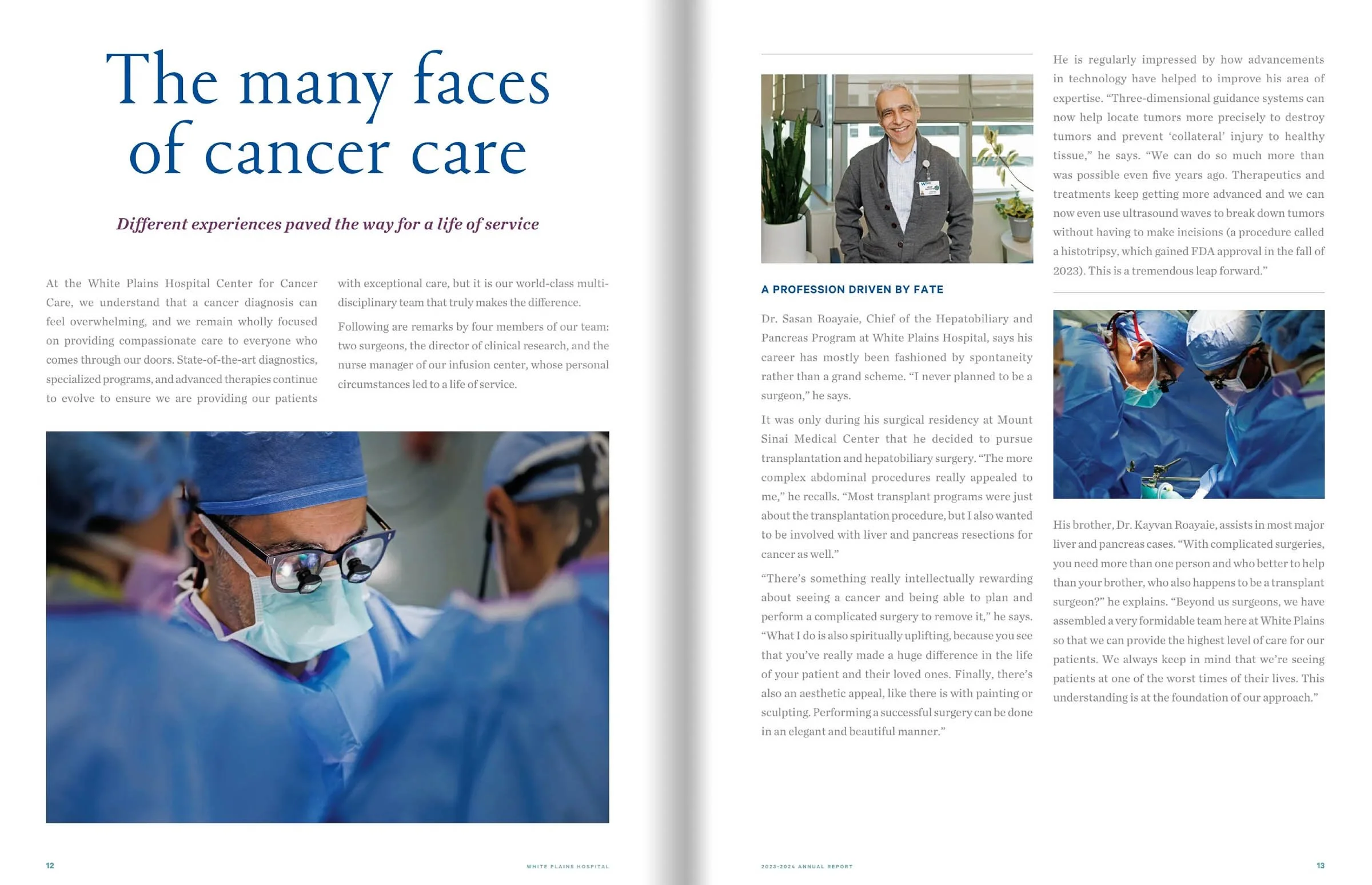 Magazine spread titled 'The many faces of cancer care' with a surgeon performing surgery and a portrait of a smiling healthcare professional. Includes text about cancer care and surgical advancements.