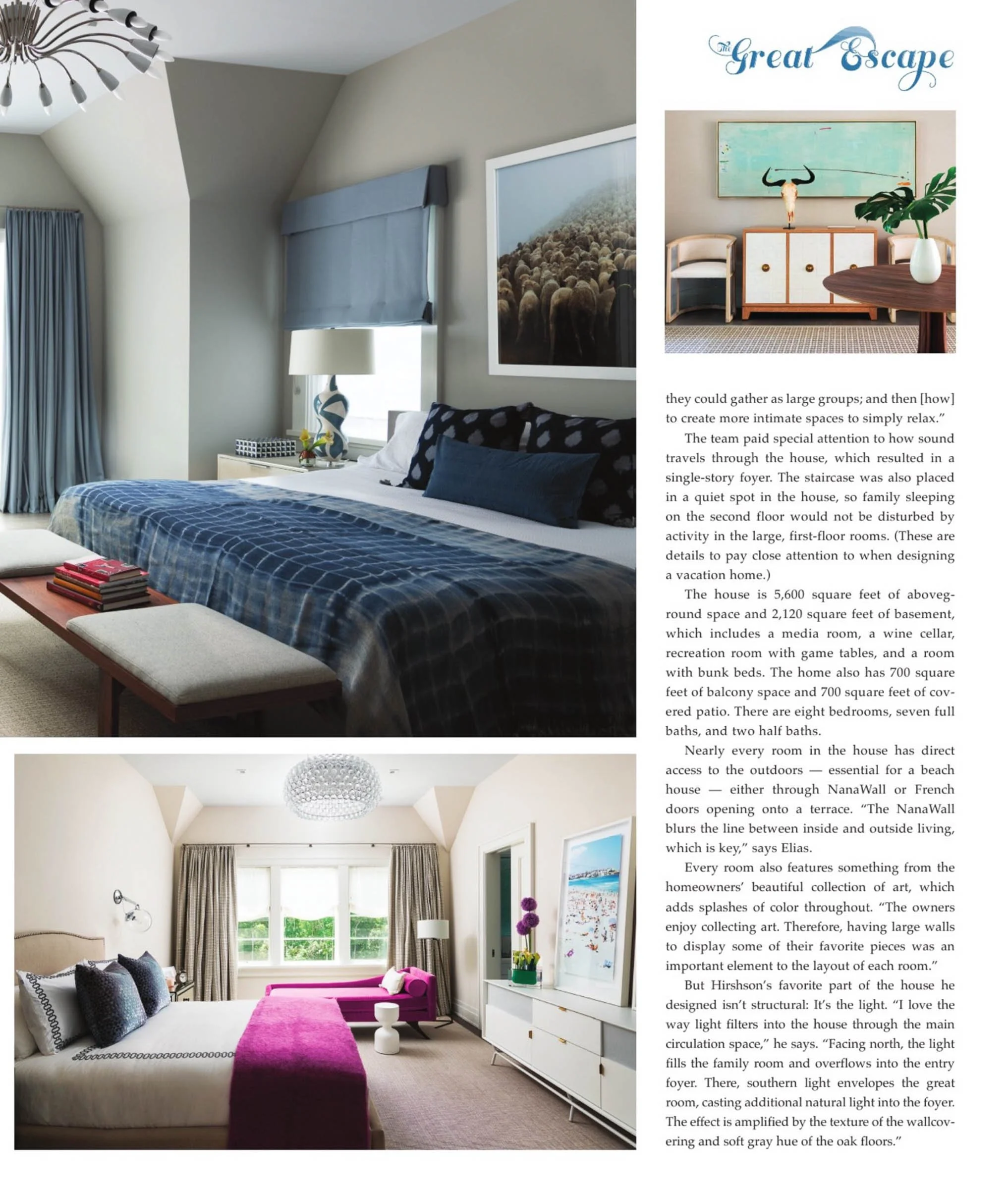 Interior design featuring two bedrooms; the first with a blue color scheme, large bed, bench with books, and abstract art; the second with a pink and white color scheme, bed, chaise lounge, dresser with decor, and large window; accompanied by a magaz