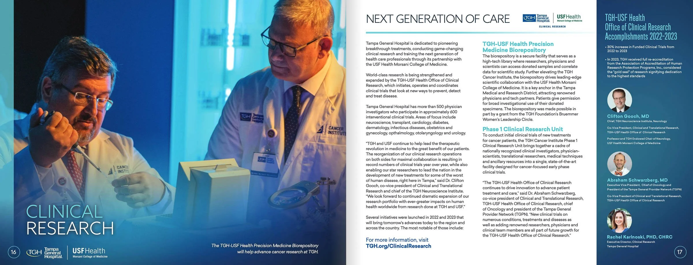Two medical professionals in lab coats examining research material, with text about clinical research at Tampa General Hospital and USF Health, highlighting advancements and key personnel in medical research.