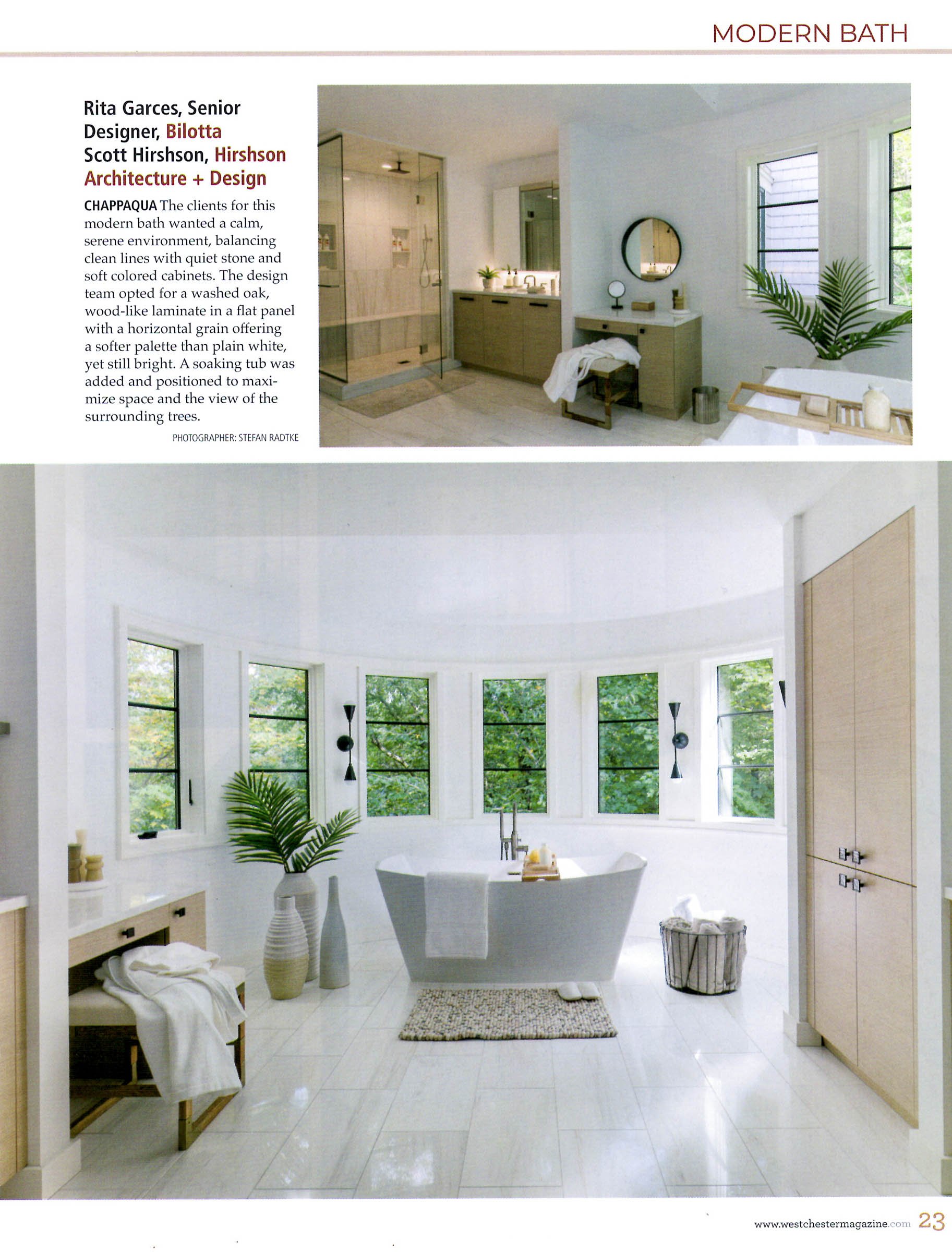 Modern luxury bathroom with a soaking tub, large windows, shower enclosure, wooden cabinets, plants, and decorative elements.