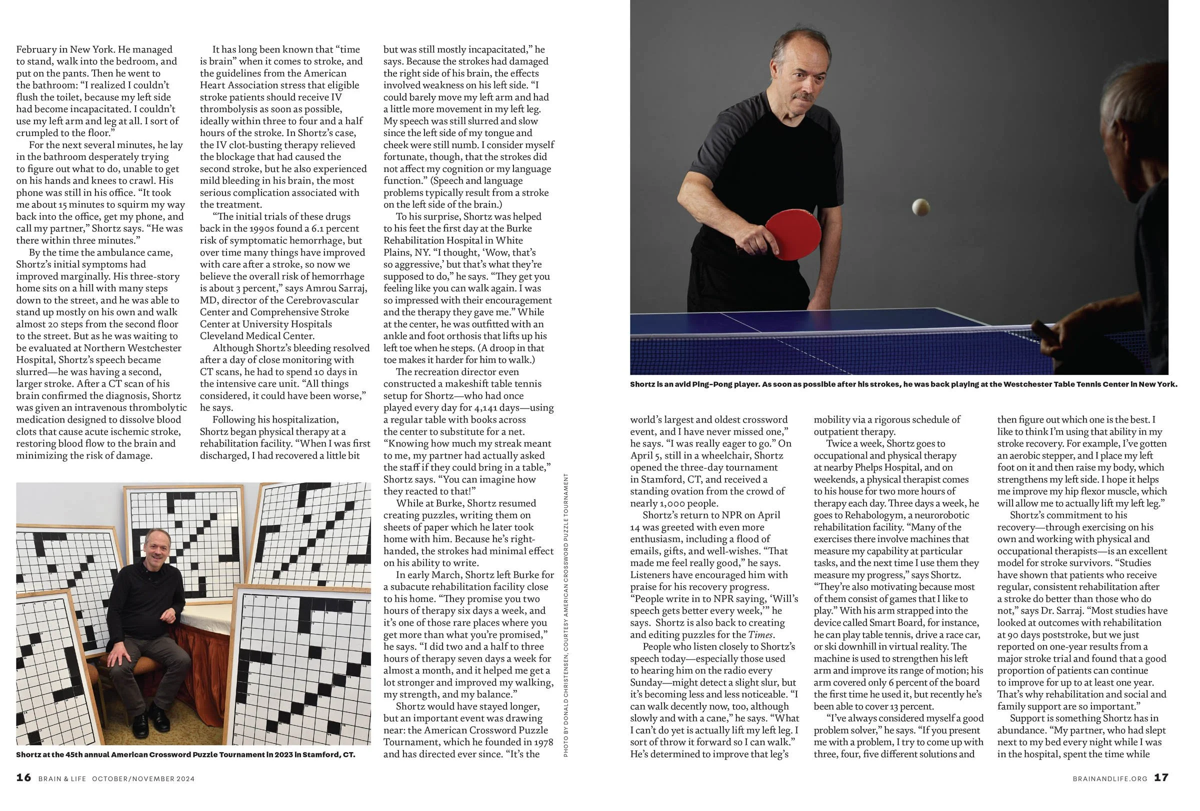 Magazine article with images of a man playing ping pong and posing with crossword puzzles. Text discusses rehabilitation and interests.