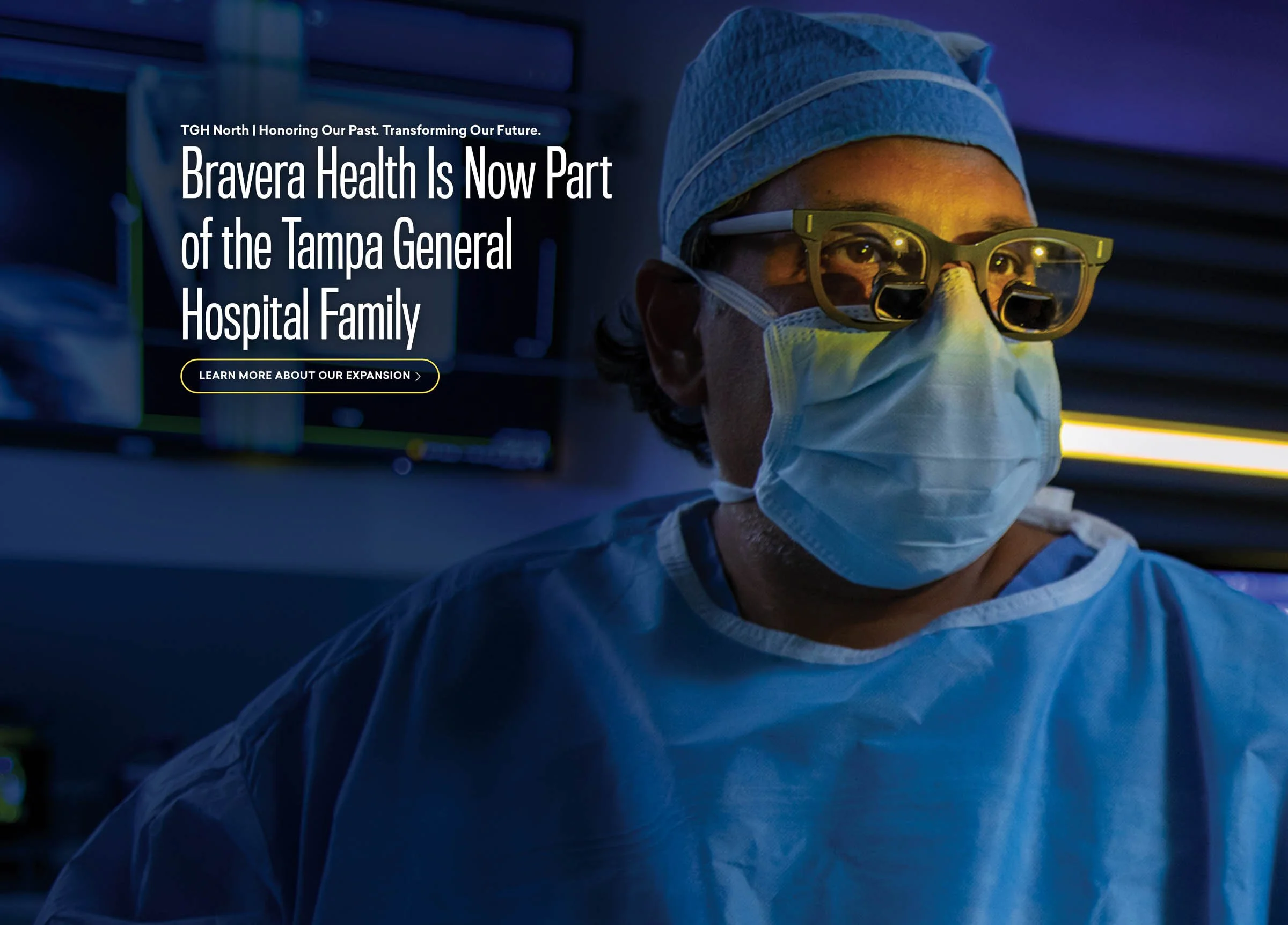 Surgeon wearing magnifying glasses and mask in operating room with announcement of Bravera Health joining Tampa General Hospital Family.