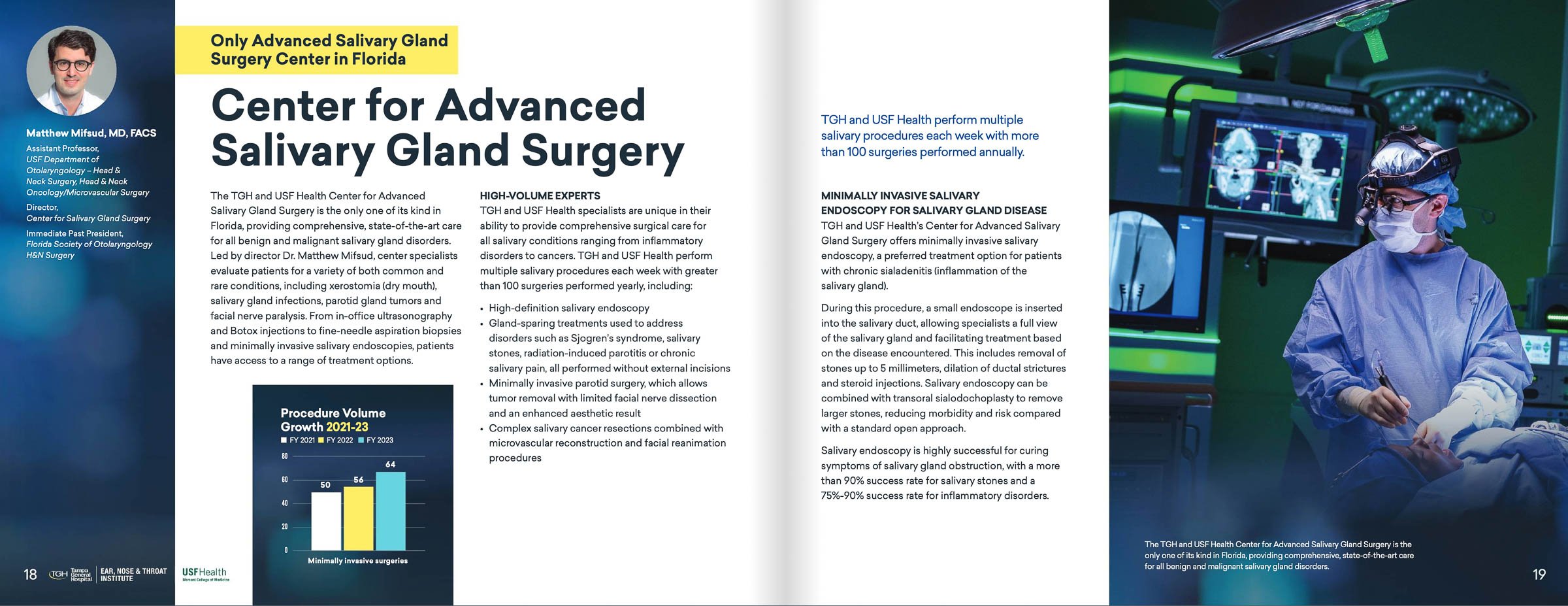 Brochure for TGH and USF Health's Center for Advanced Salivary Gland Surgery, highlighting their specialized services in salivary gland treatment. Includes a doctor's portrait, a surgeon in an operating room, and a chart showing procedure volumes fro