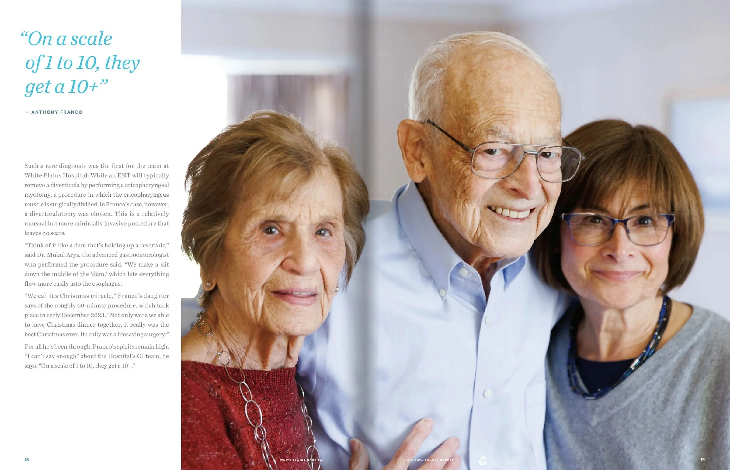 Three elderly people smiling, with one woman on the left in a red sweater, an elderly man in the center wearing glasses and a light blue shirt, and a woman on the right in glasses and a gray top. The accompanying text discusses a medical procedure an