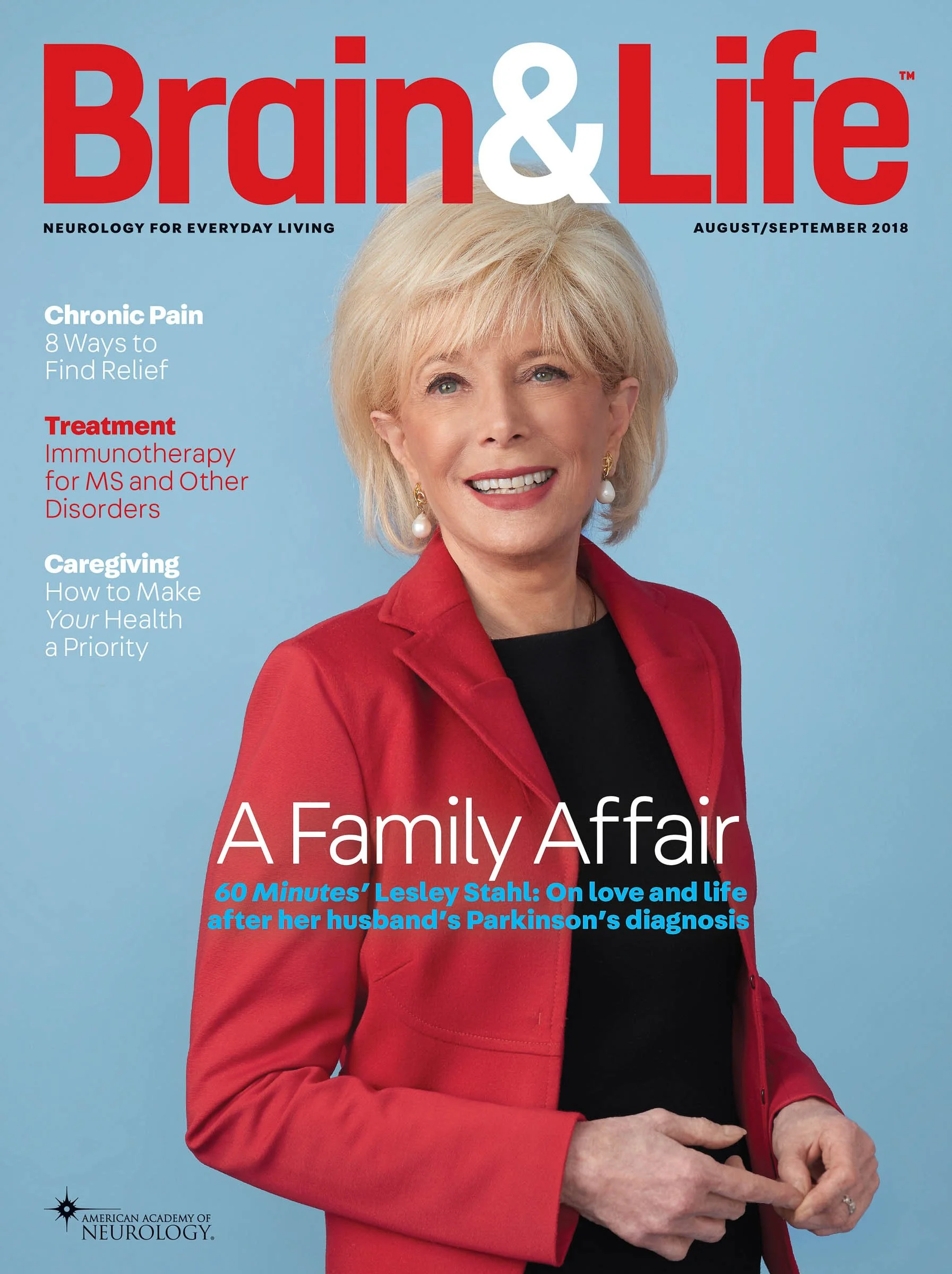 Cover of Brain & Life magazine featuring a person in a red blazer, with headlines about chronic pain, treatment for MS, caregiving, and an article titled "A Family Affair."