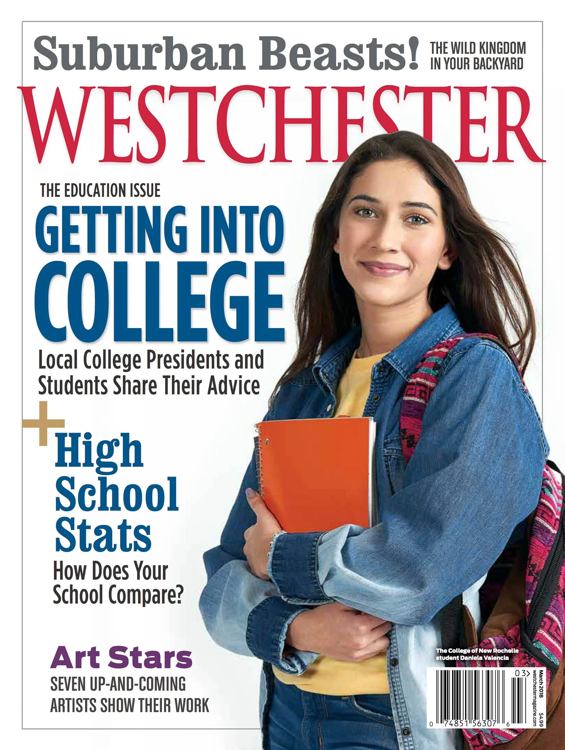 Cover of Westchester magazine's education issue featuring a student with a backpack holding orange notebooks. Headlines include topics on getting into college, high school stats, and showcasing art stars.