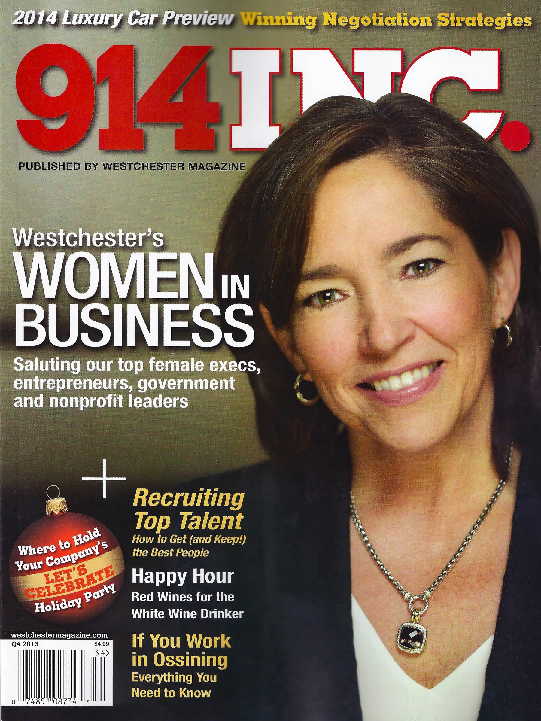 Cover of 914INC. magazine featuring a woman smiling, with headlines about women in business and recruitment. Published by Westchester Magazine, it also includes topics like a holiday party guide, wine choices, and workplace advice for Ossining.