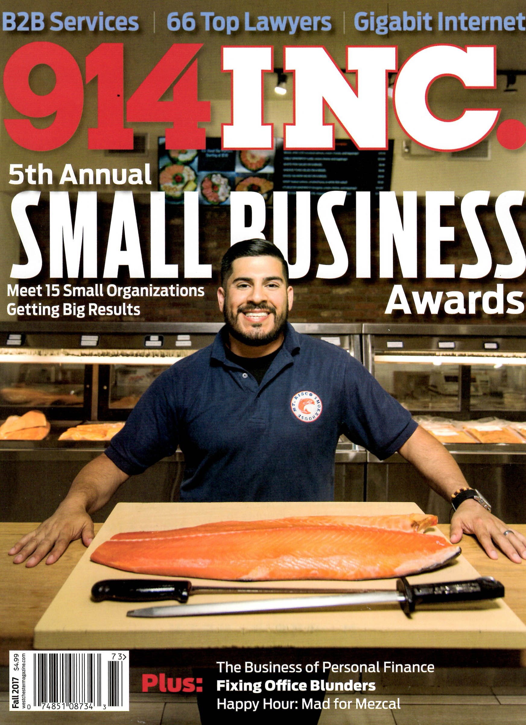 Cover of 914INC. magazine featuring a smiling man standing behind a table with a large salmon fillet and knife, promoting the 5th Annual Small Business Awards and various business topics. Fall 2017 issue.
