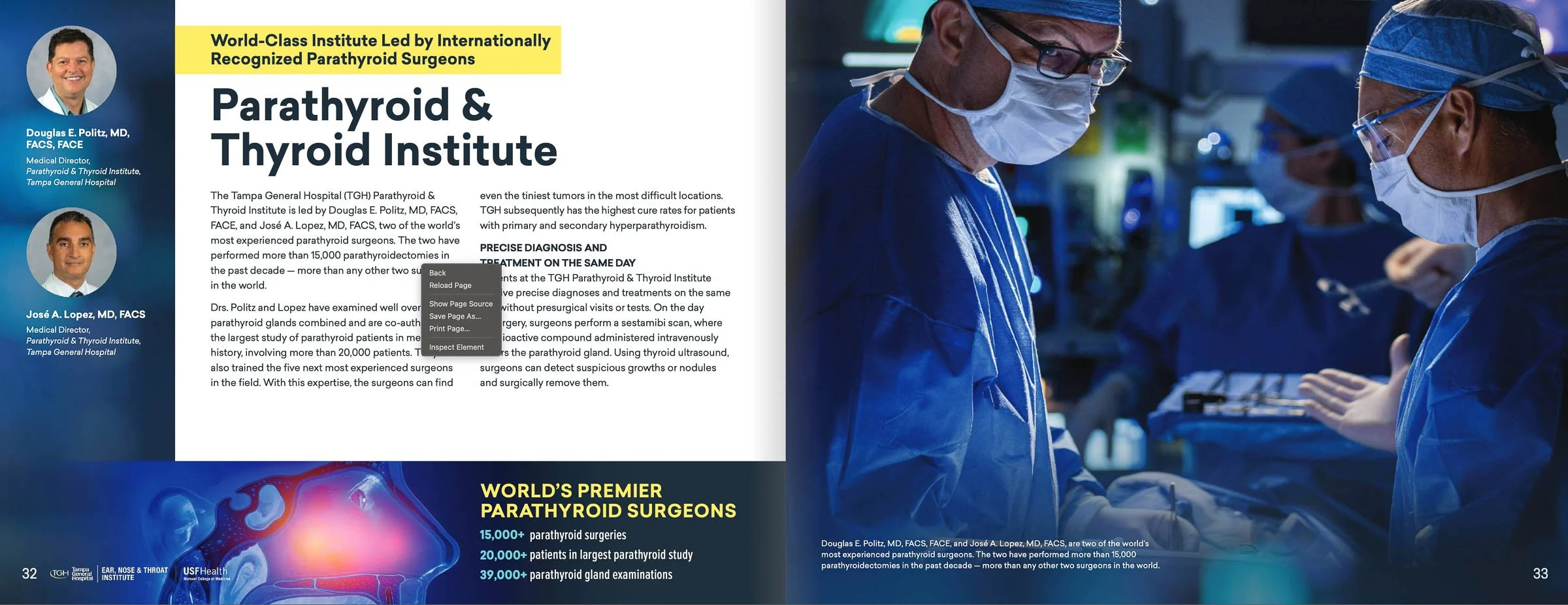 Promotional material for Tampa General Hospital's Parathyroid & Thyroid Institute, highlighting its world-class surgeons, Dr. Douglas E. Politz and Dr. José A. Lopez. The image features text describing the institute's expertise and achievements, such