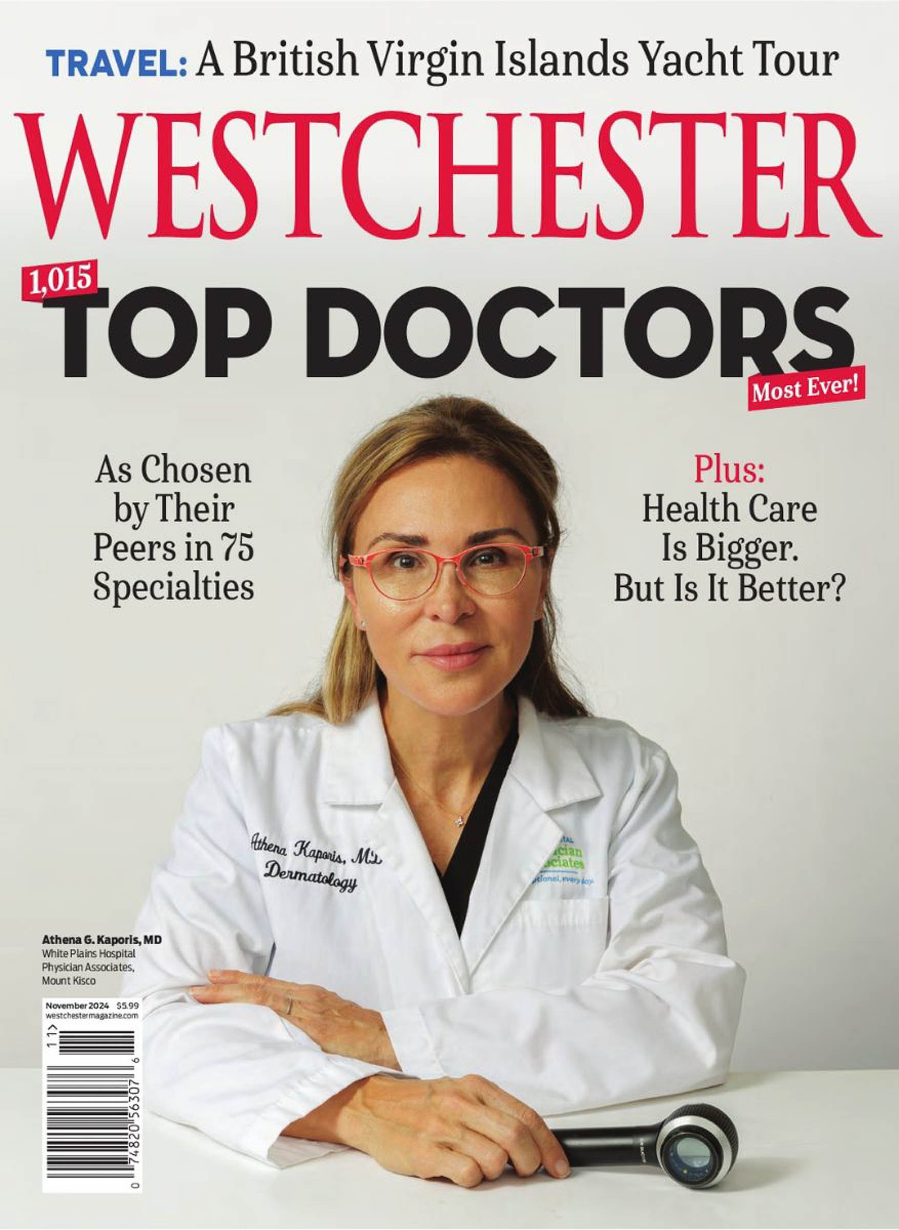 Magazine cover featuring "Westchester" with a doctor in a white coat holding a dermatoscope. Headline reads "Top Doctors" with articles on healthcare and travel.