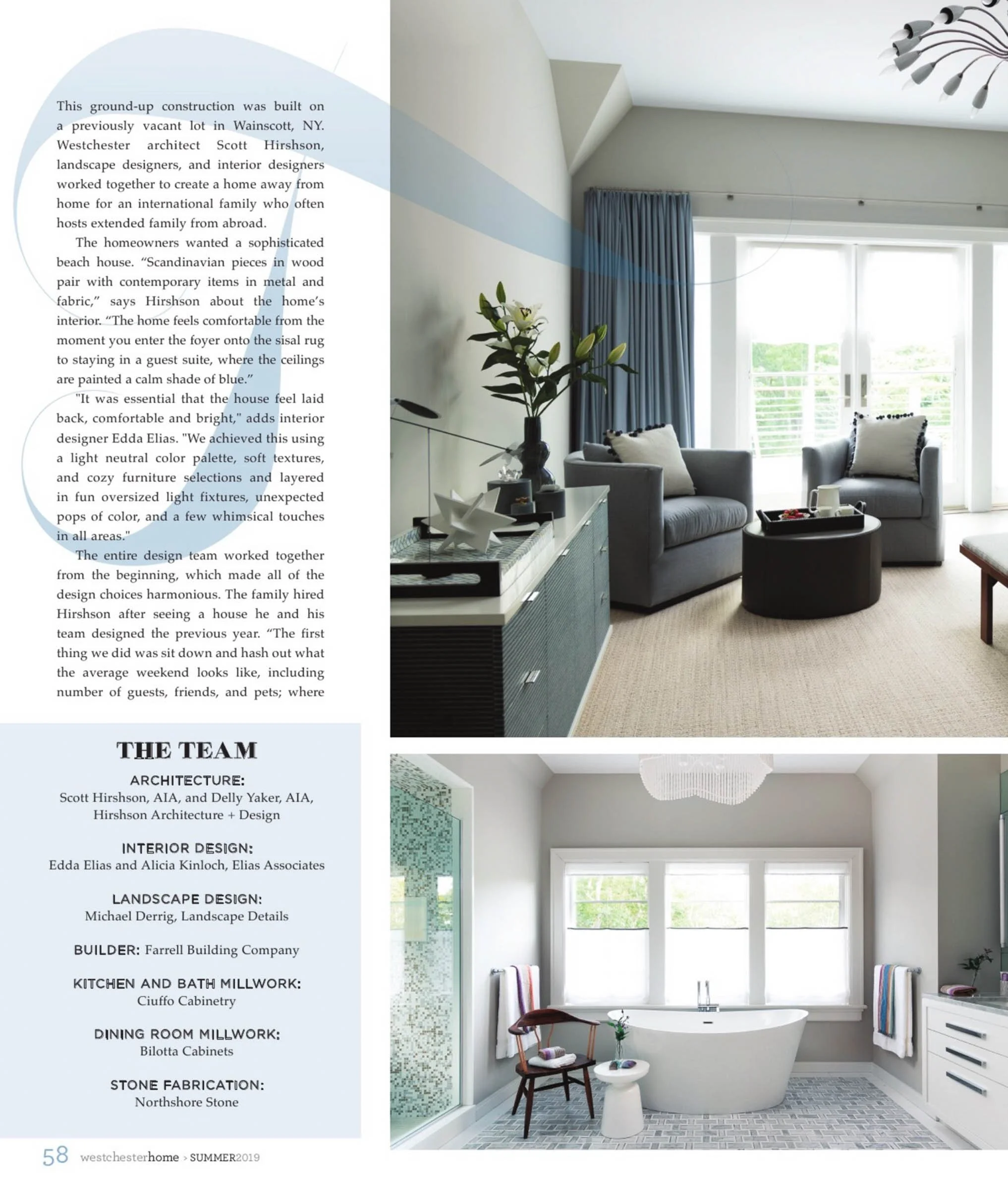 Magazine page featuring modern interior design with text about a house in Wainscott, NY. The page includes images of a living area with gray chairs, a coffee table, and blue curtains, and a bathroom with a freestanding tub, a chair, and a large windo