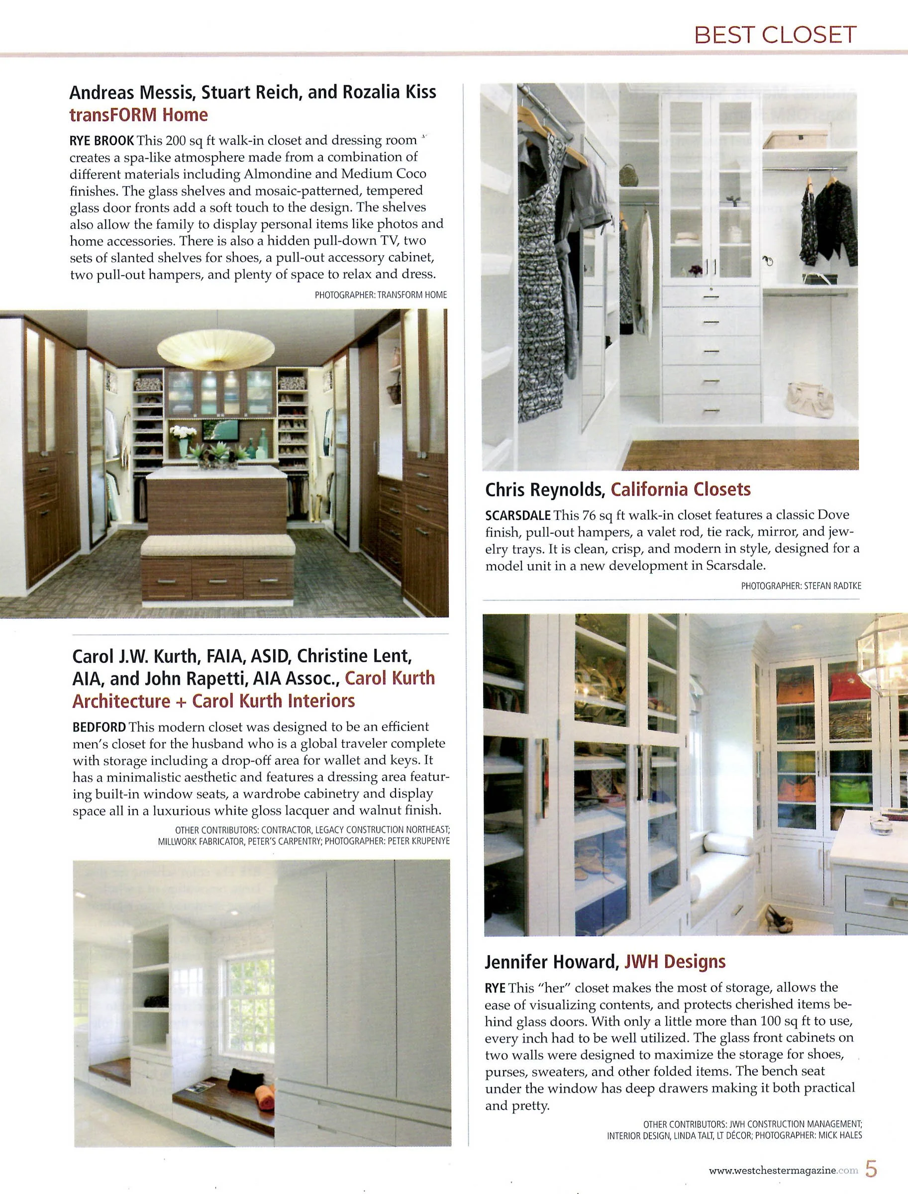 Magazine page featuring four luxury closet designs with descriptions and designer credits, highlighting amenities like glass doors and pull-out hampers.