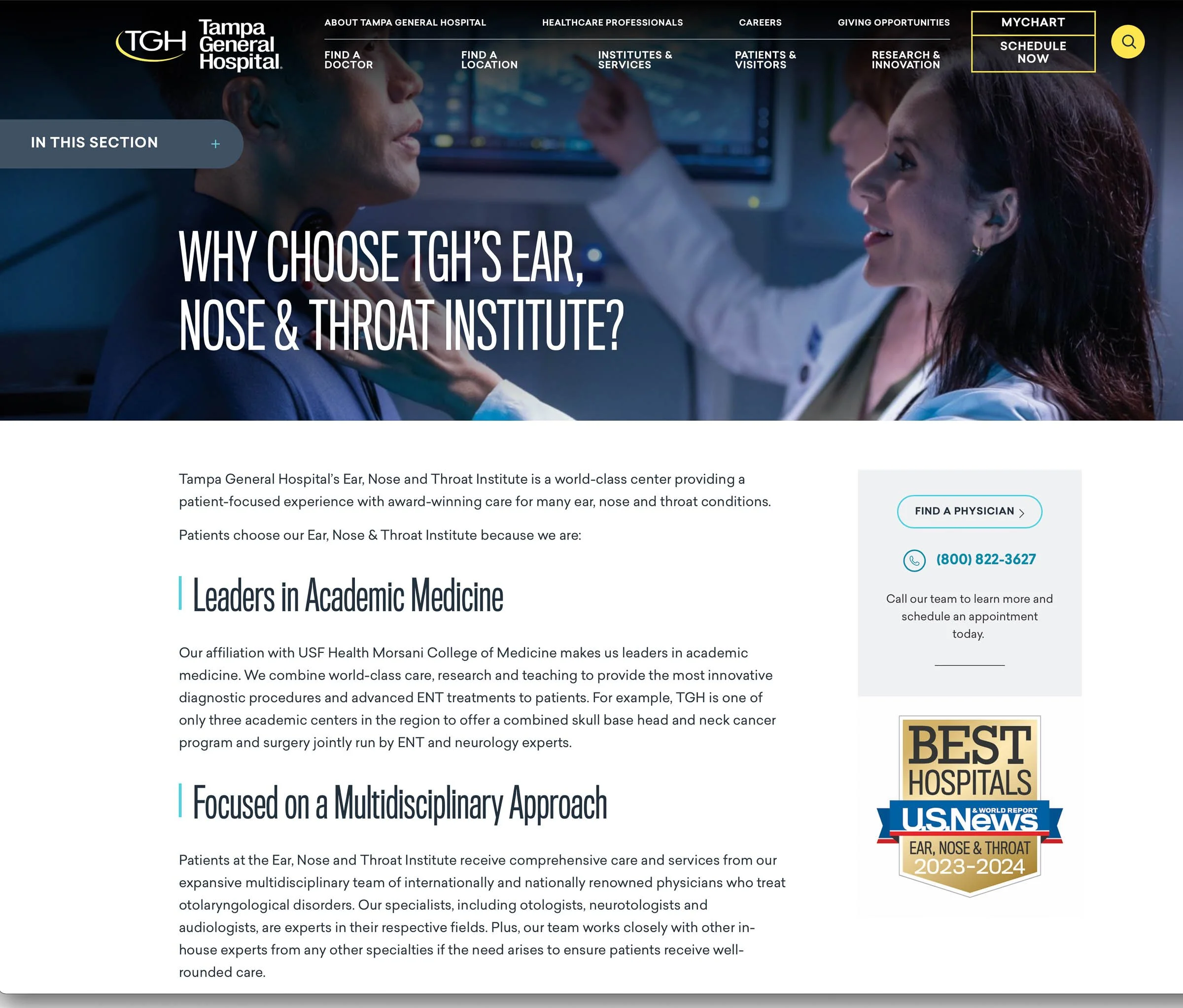 Tampa General Hospital webpage highlighting the Ear, Nose & Throat Institute, featuring reasons to choose the institute with a focus on academic medicine, multidisciplinary approach, contact information, and best hospital ranking visual.